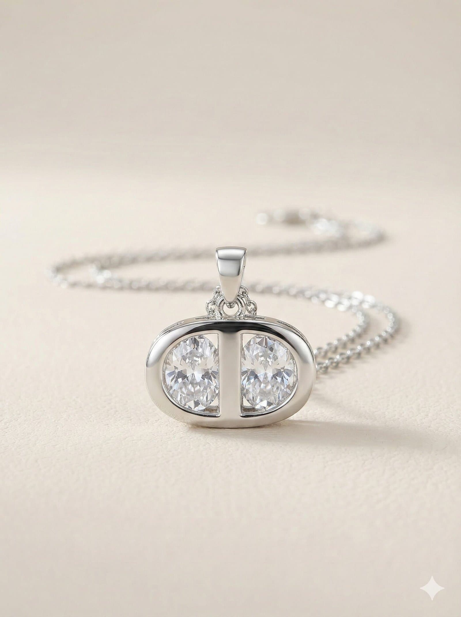 Silver-Tone Split Oval Pendant Necklace with Faceted Clear Stones — image 3