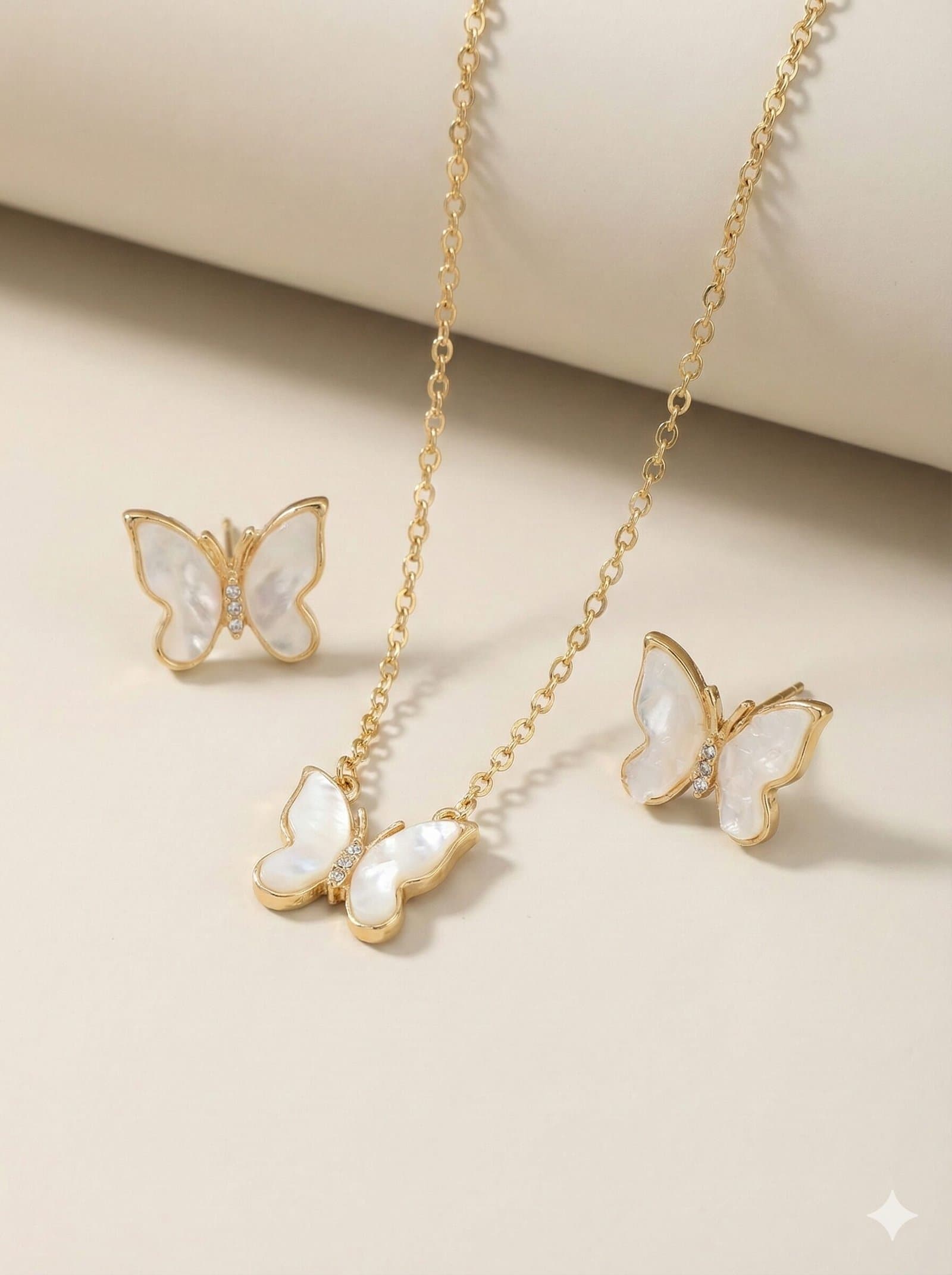 Gold-Tone Butterfly Jewelry Set with White Pearlescent Wings and Crystal Accents – Necklace and Earrings — image 1