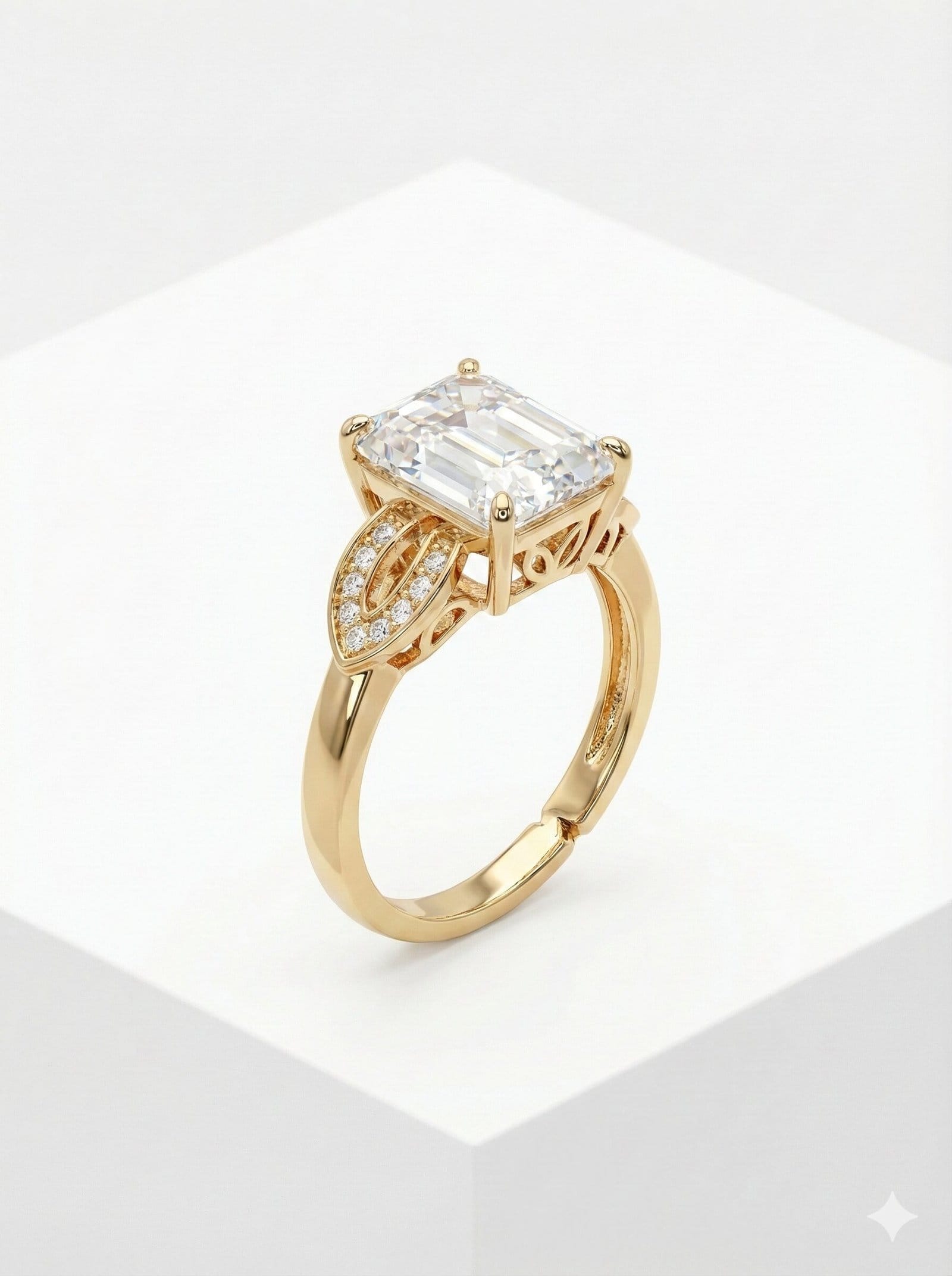 Gold-Tone Emerald Cut Solitaire Ring with Crystal Leaf Accents and Adjustable Band