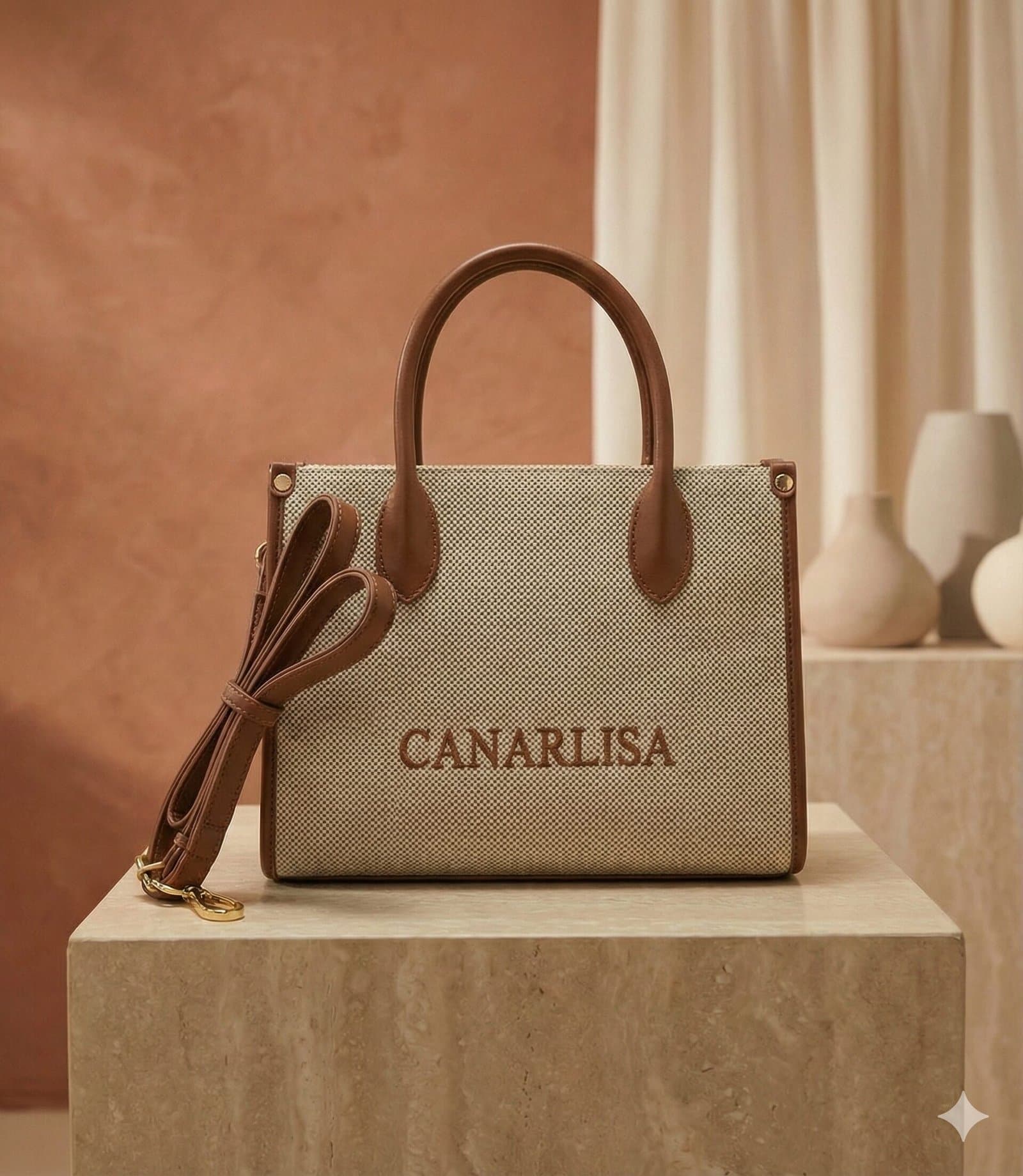 Canarlisa Two-Tone Canvas & Leather Trim Tote Bag – Brown — image 1