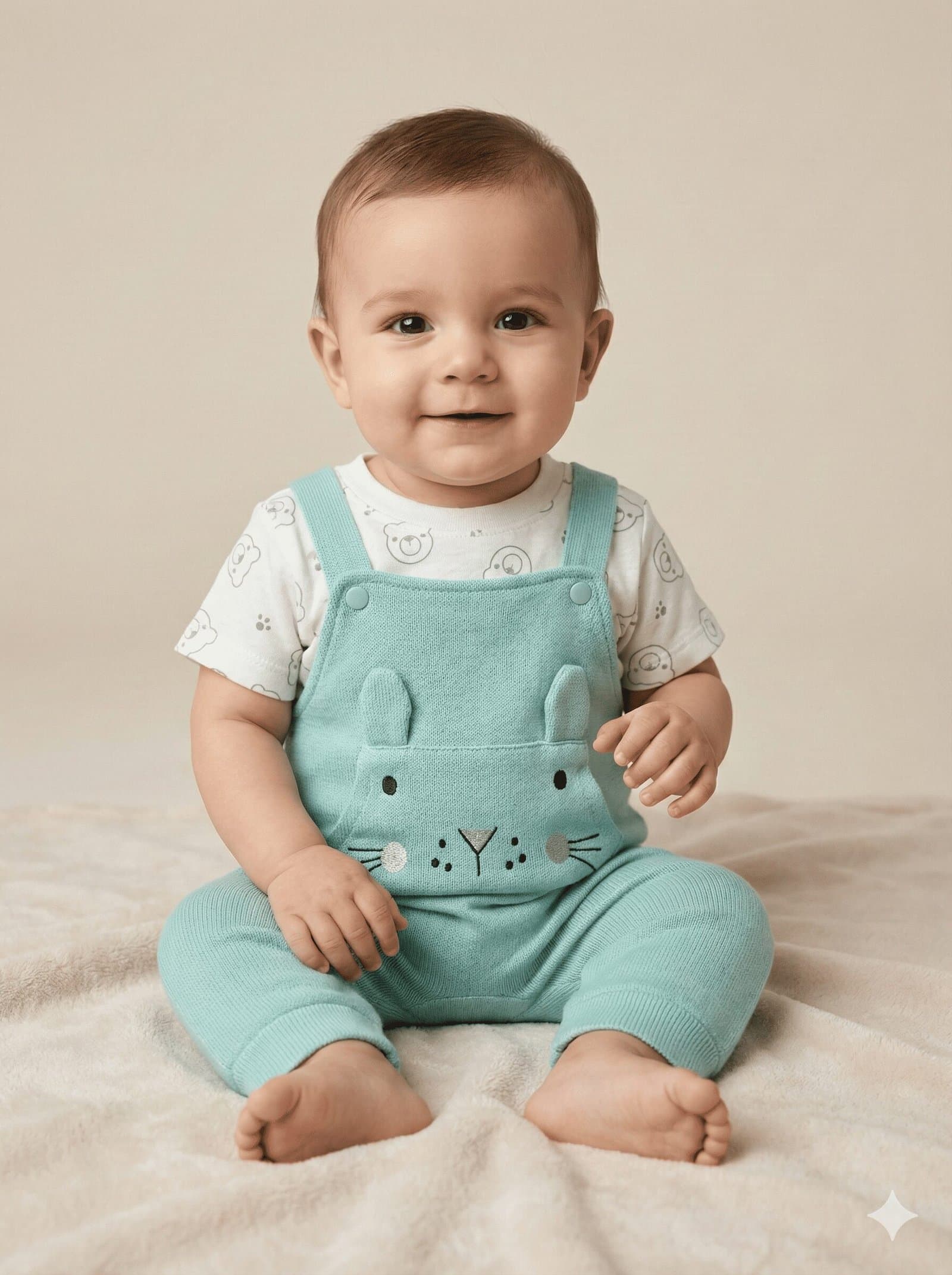Mint Green Knitted Dungaree Set with Bunny Embroidery and Printed Tee