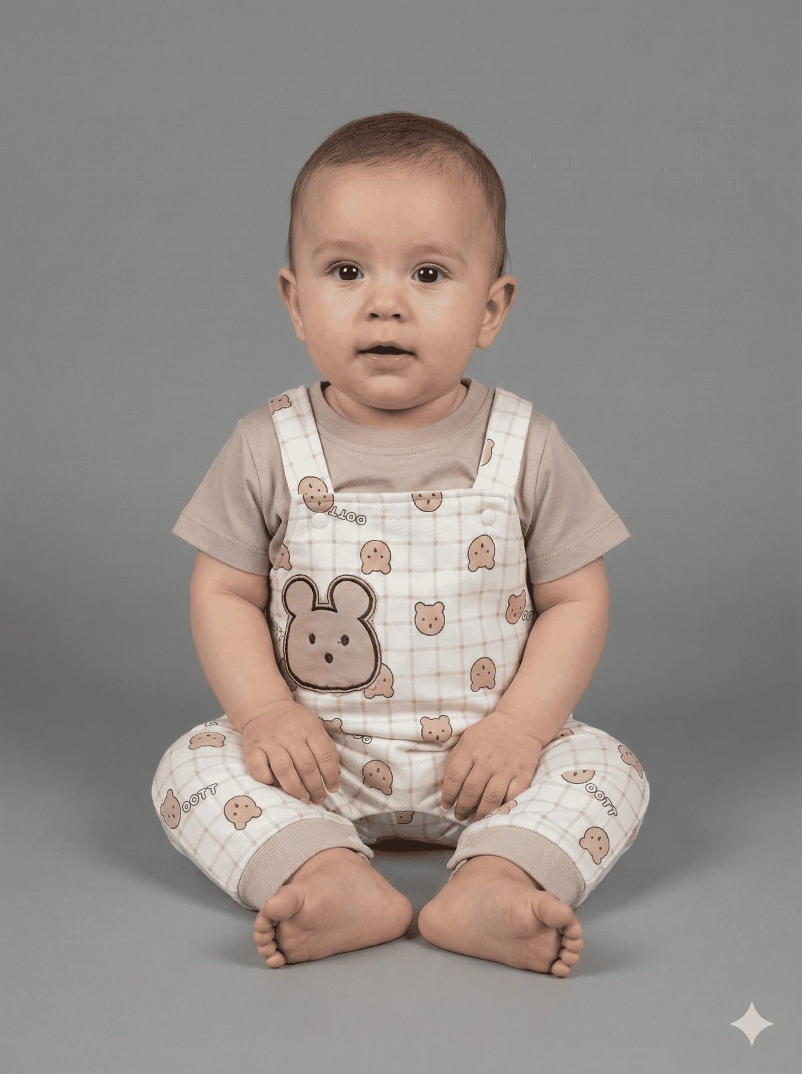 Beige Bear Checkered Dungaree & T-Shirt Set