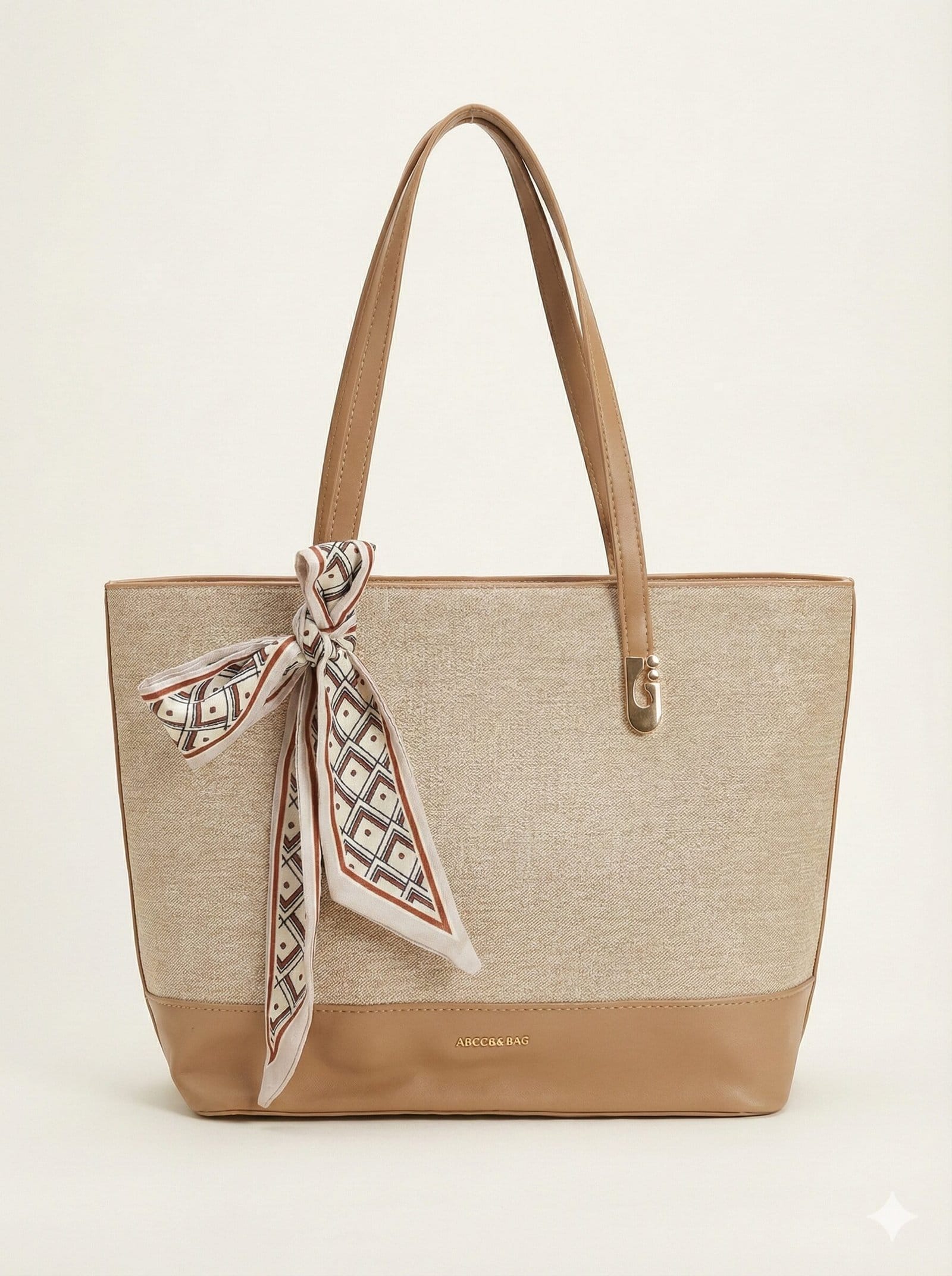 The Scarf-Accented Woven Tote – Oatmeal & Tan