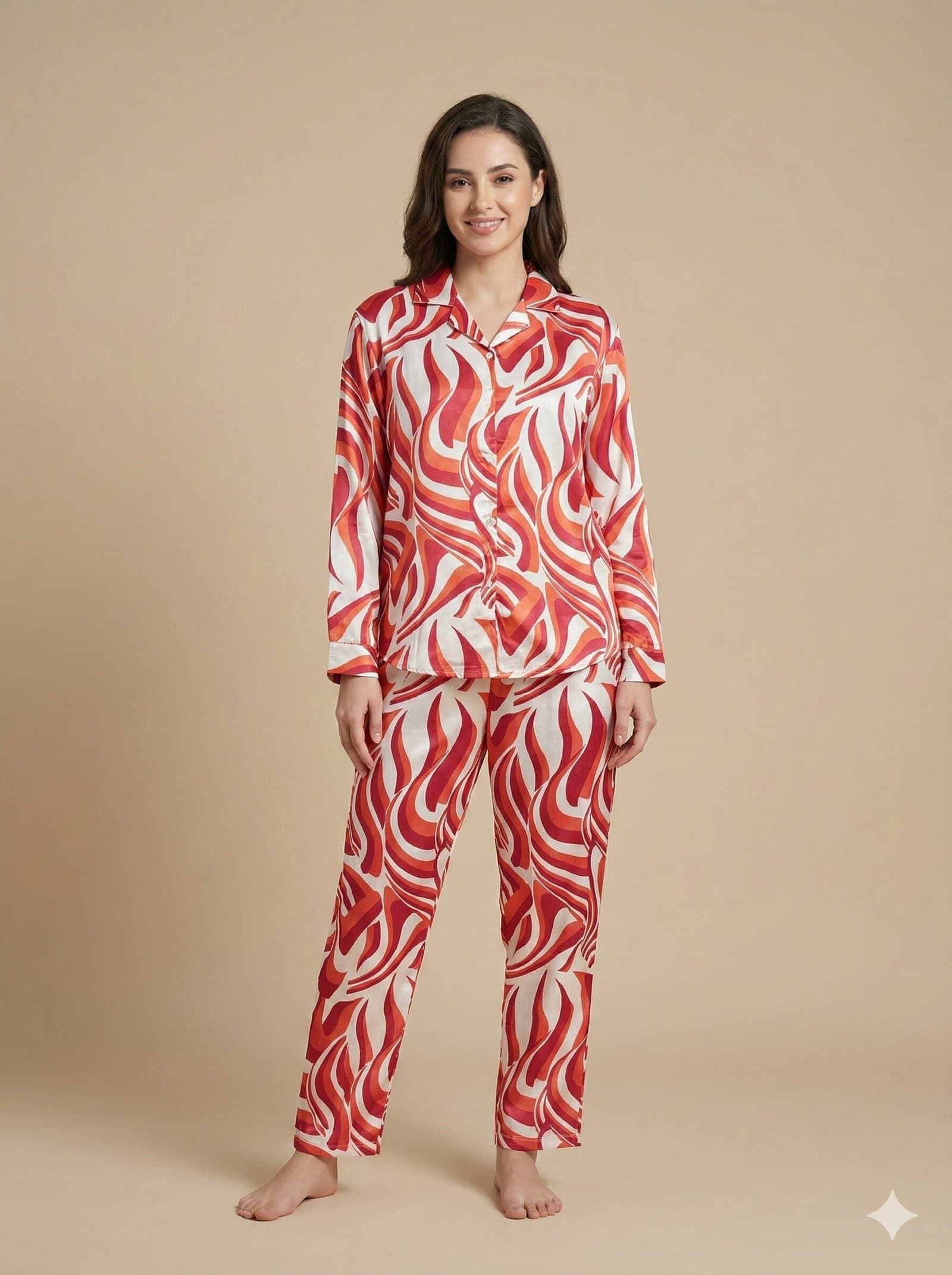 Crimson Ripple Satin Long Pajama Set — image 1