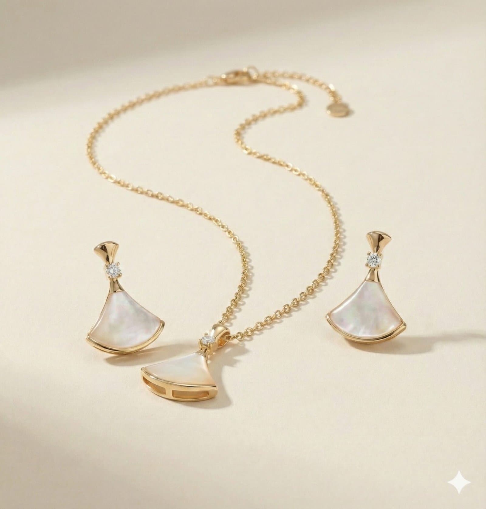 Gold-Tone Fan Motif Necklace and Earring Set with Pearlescent Inlay and Clear Stone Accents — image 1