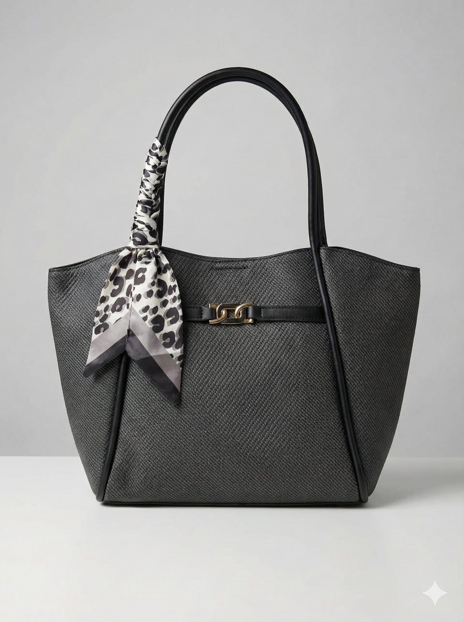 Midnight Woven Texture Tote with Leopard Scarf Accent Black