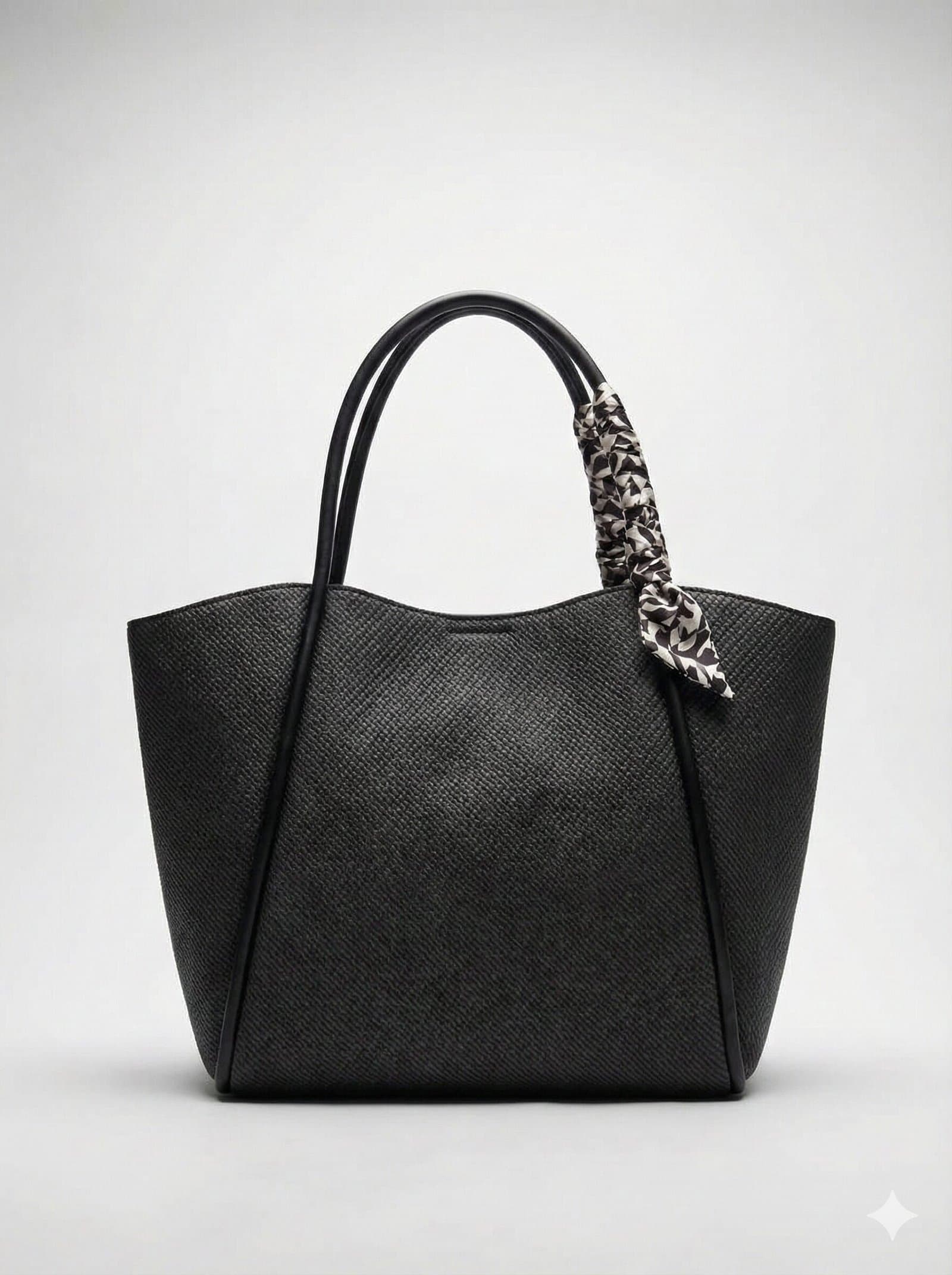Midnight Woven Texture Tote with Leopard Scarf Accent Black — image 3