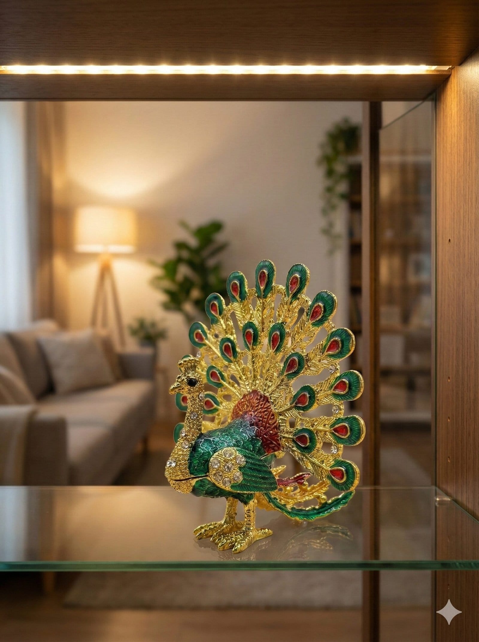 Regal Fanned Peacock Jeweled Trinket Box Souvenir