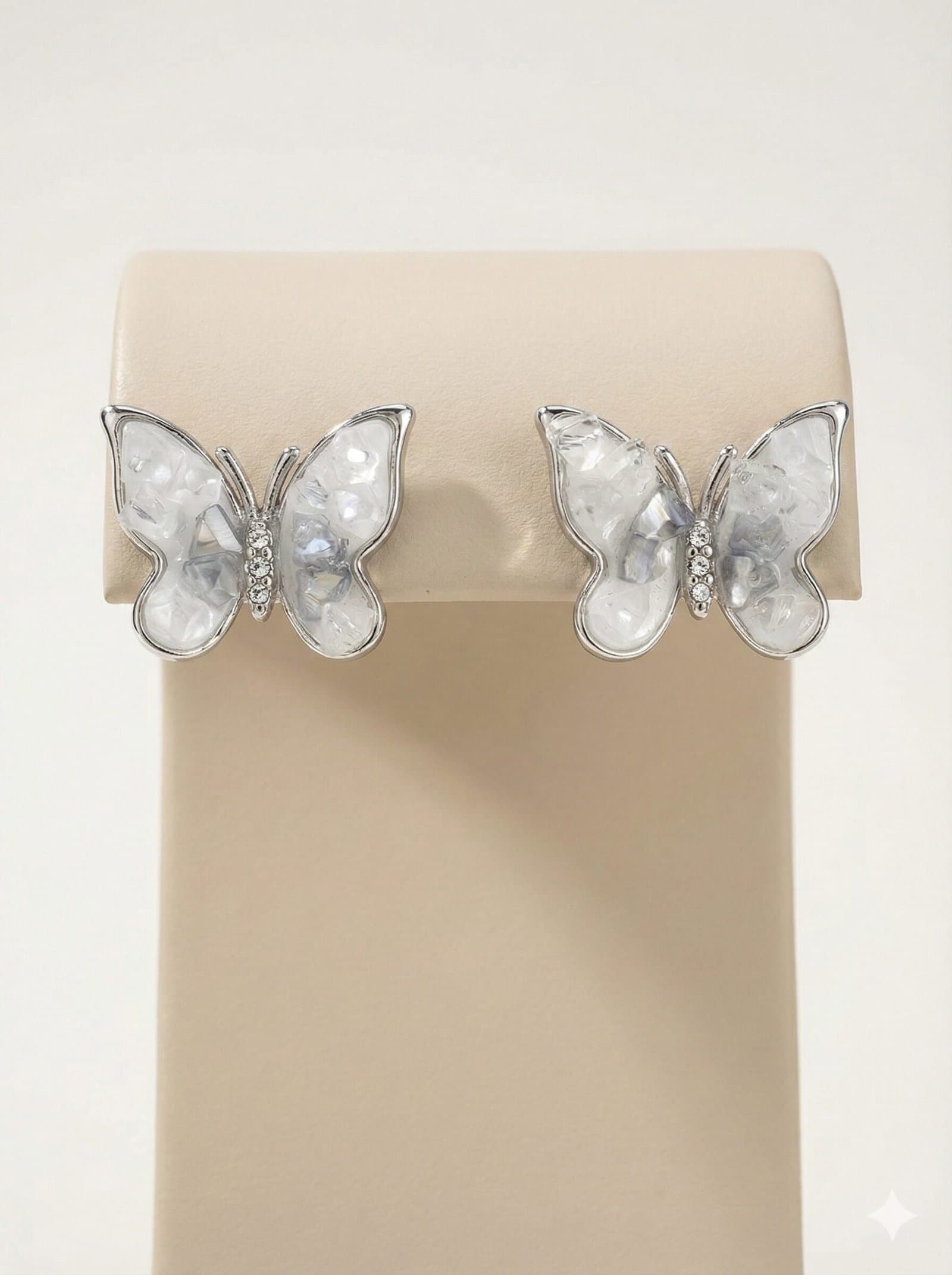 Silver-Tone Butterfly Jewelry Set with Crushed White Inlay and Crystal Accents – Necklace & Stud Earrings — image 3