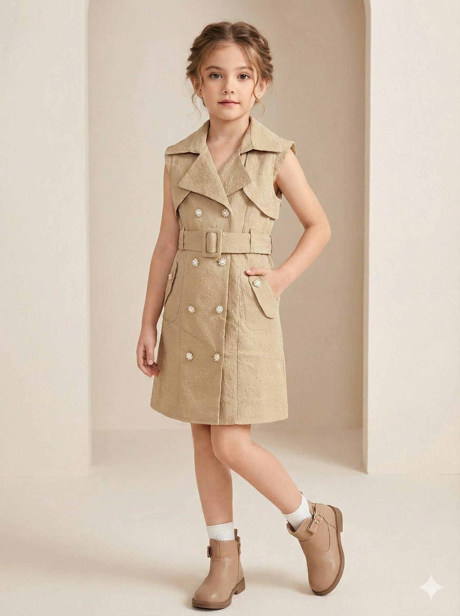 Classic Heritage Sleeveless Trench Dress– Beige Jacquard — image 1