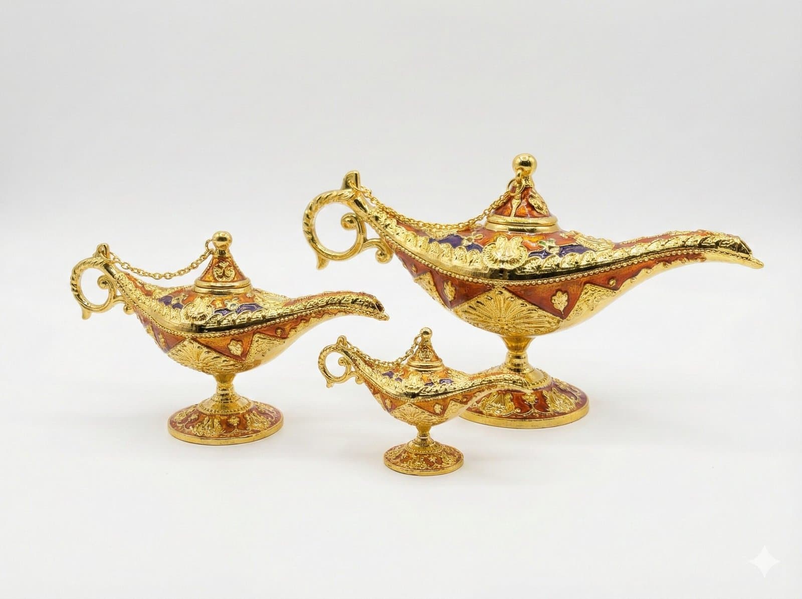 Royal Arabian Nights 3-Piece Genie Lamp Set – Vintage Gold & Enamel Souvenir Collection — image 2