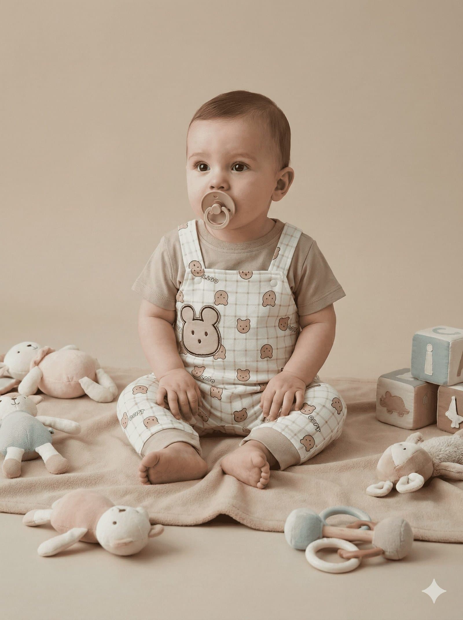 Beige Bear Checkered Dungaree & T-Shirt Set — image 3
