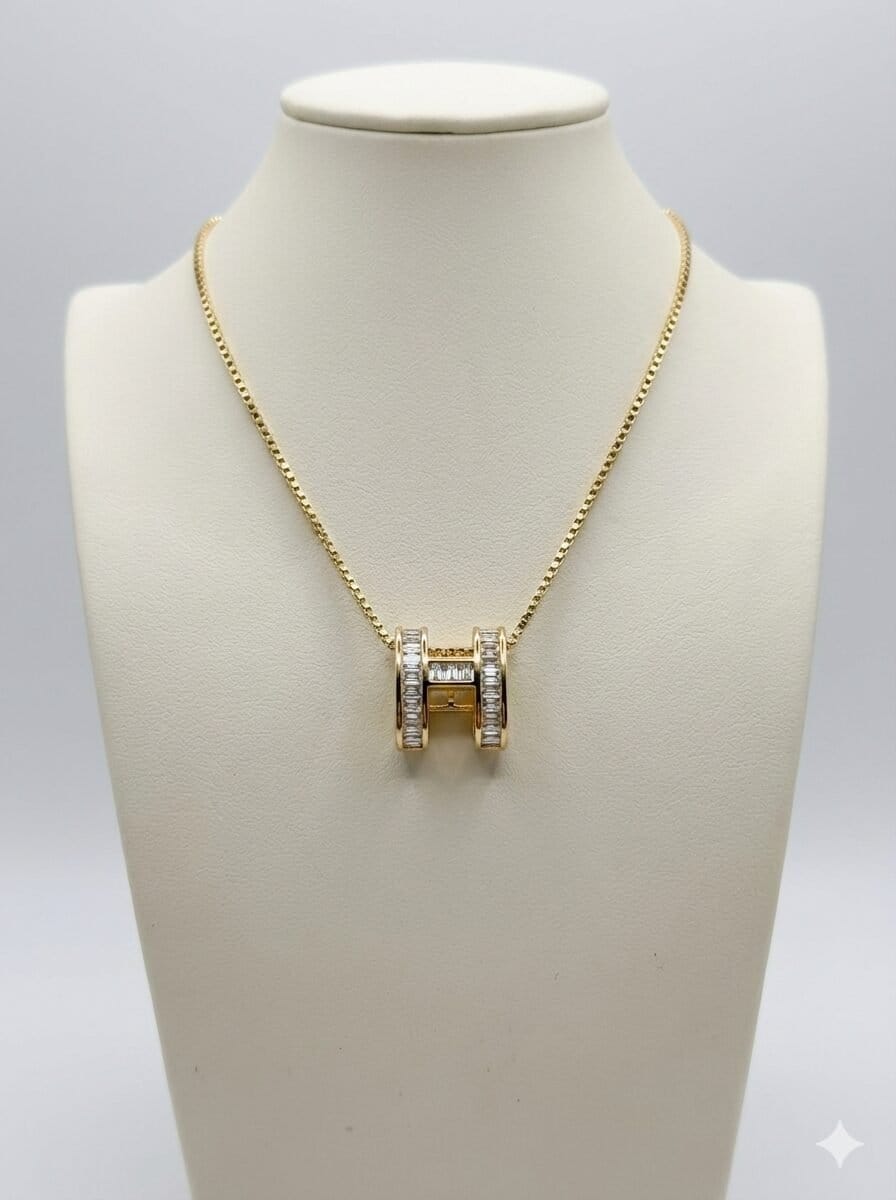 Gold-Tone Geometric H-Pendant Necklace with Baguette-Cut Clear Stones on Box Chain