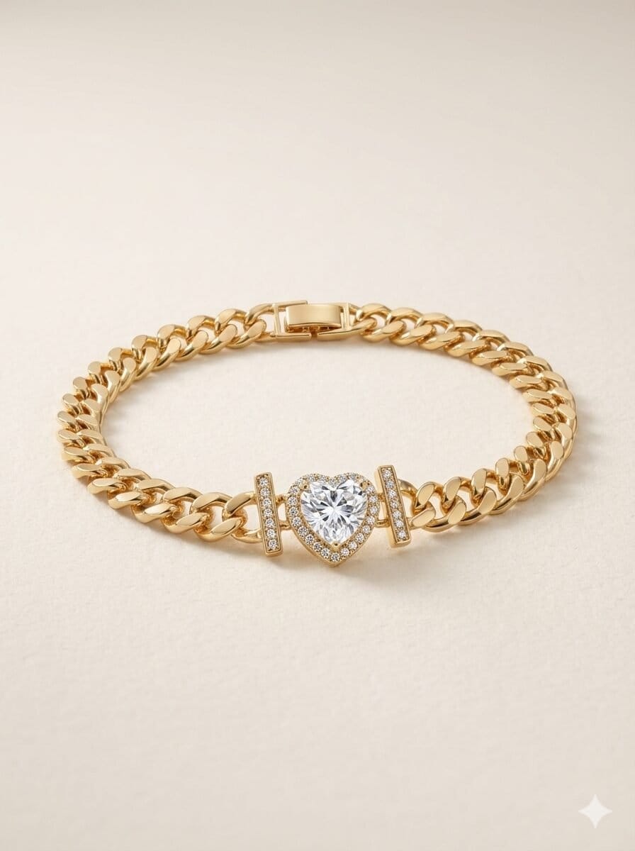 Gold-Tone Cuban Link Bracelet with Pave Crystal Heart Centerpiece