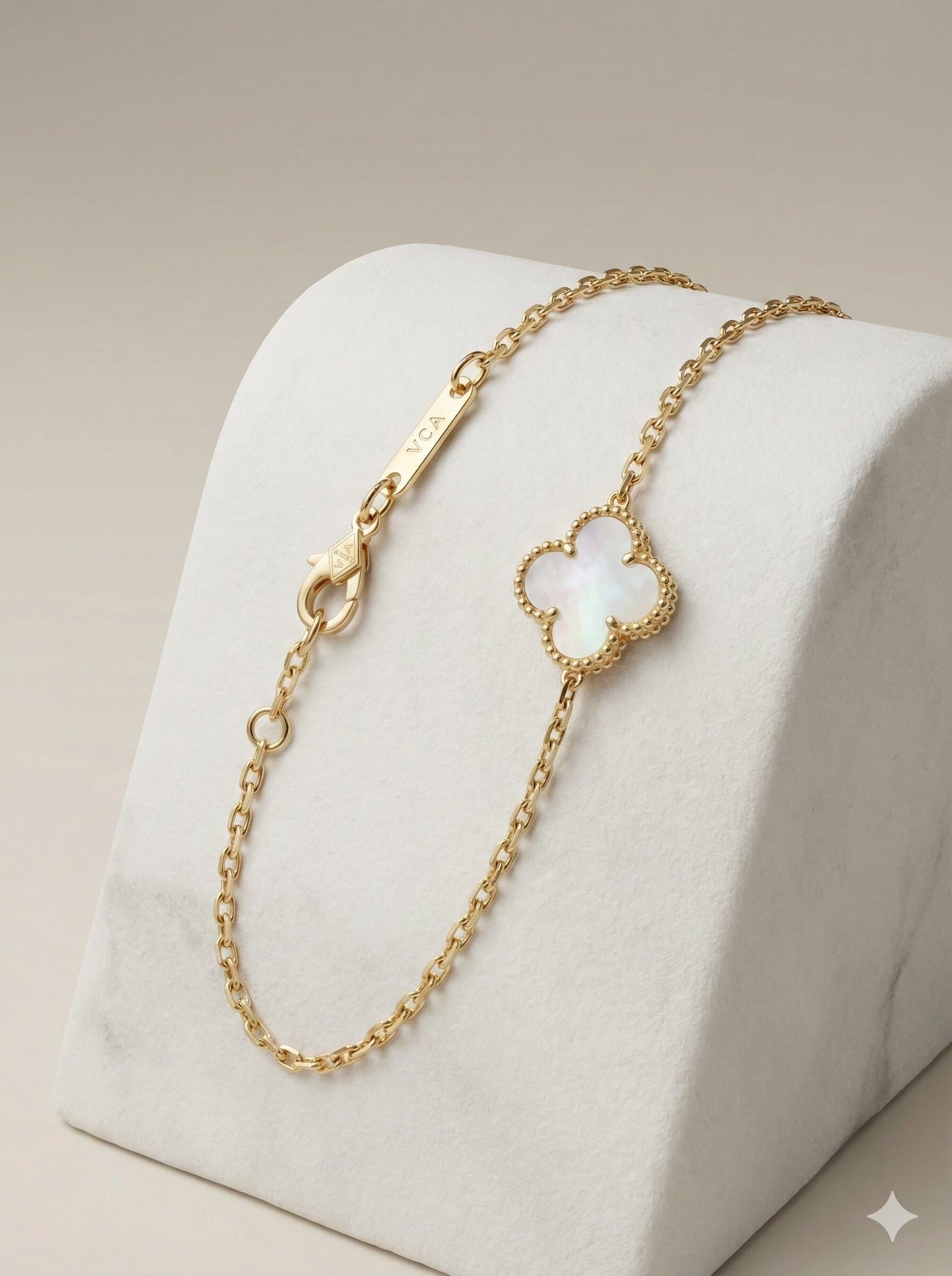 Luxury White Mother of Pearl Clover Bracelet – Gold Tone