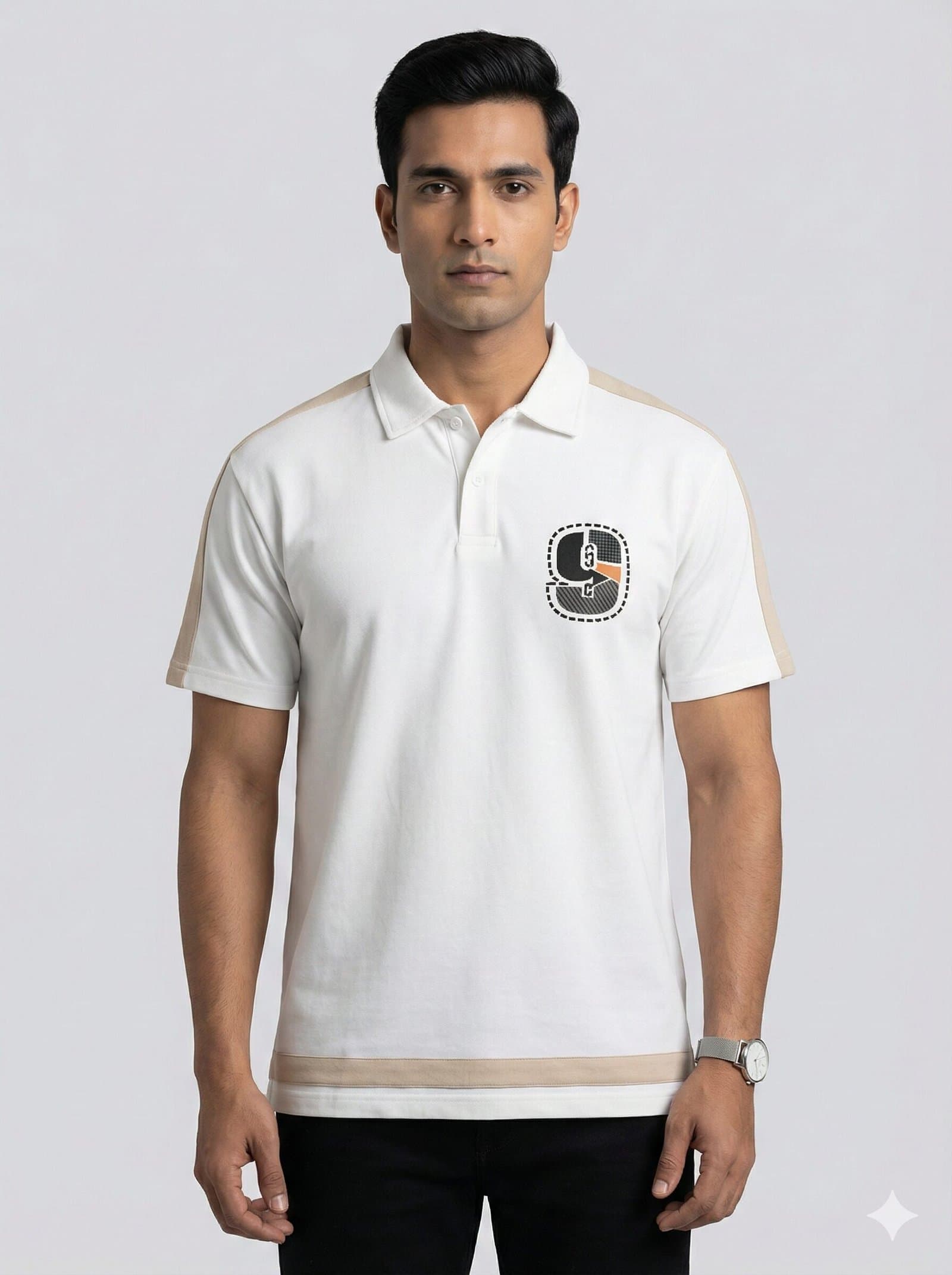 Men's 'Wise 9' Graphic Polo T-Shirt - White & Beige Edition
