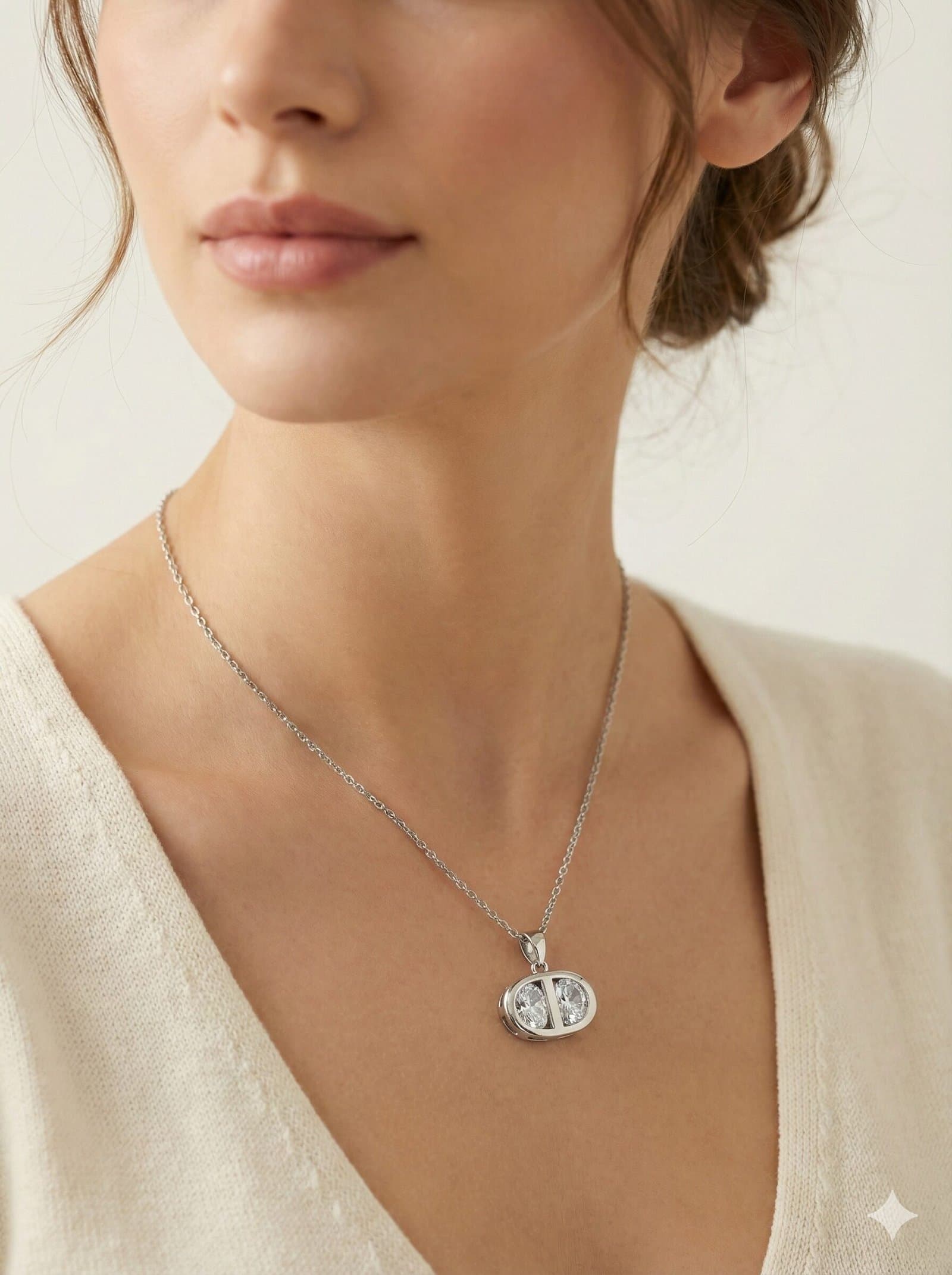 Silver-Tone Split Oval Pendant Necklace with Faceted Clear Stones — image 2