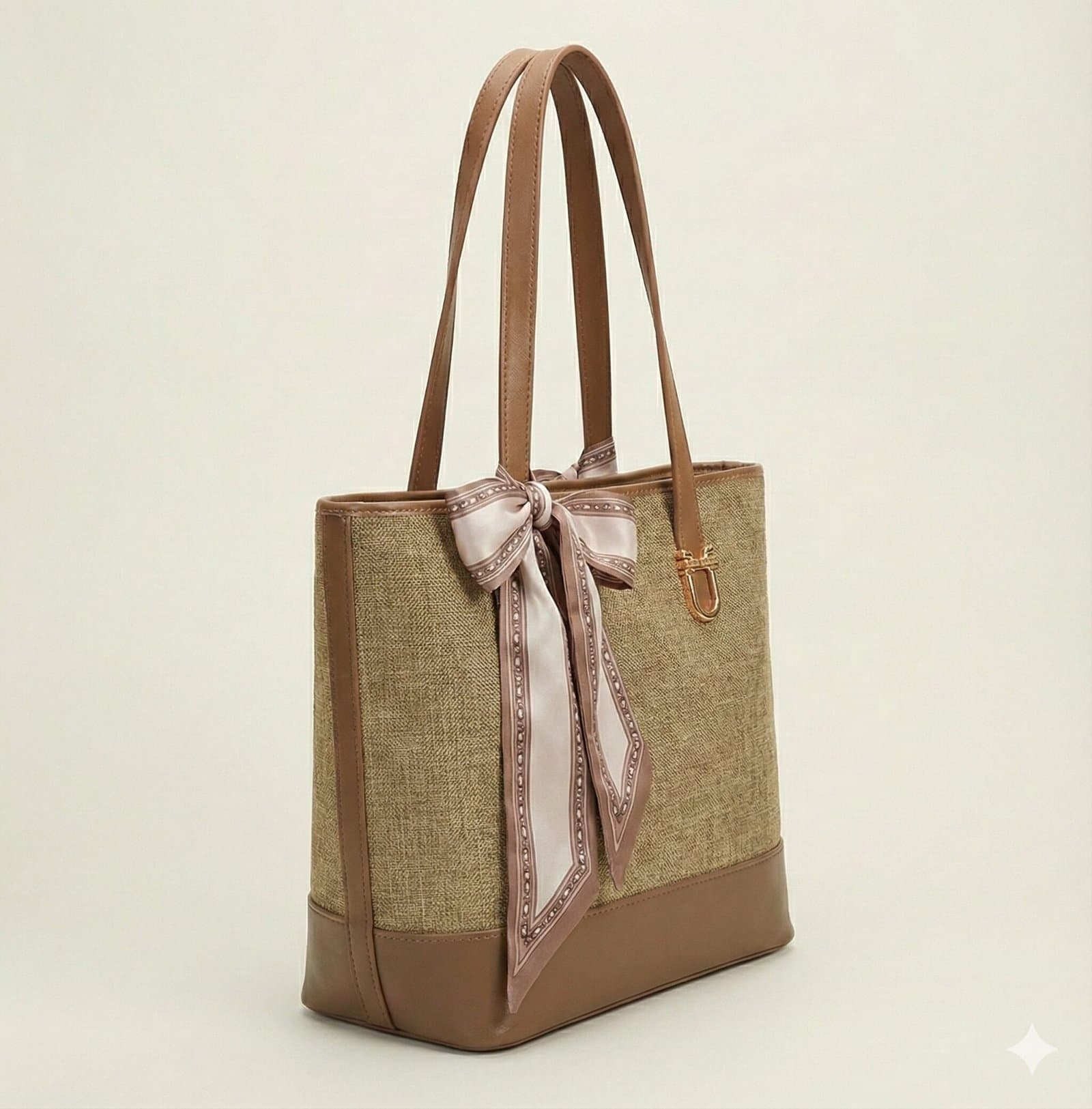 The Scarf-Accented Woven Tote – Khaki & Mocha — image 2