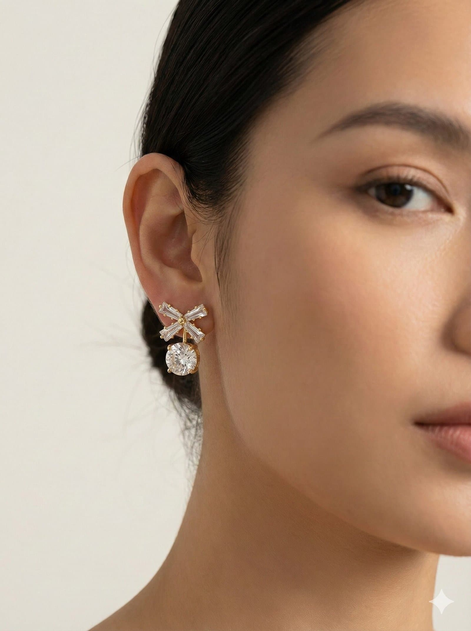 Gold-Tone Crystal Bow & Round Solitaire Drop Stud Earrings — image 3