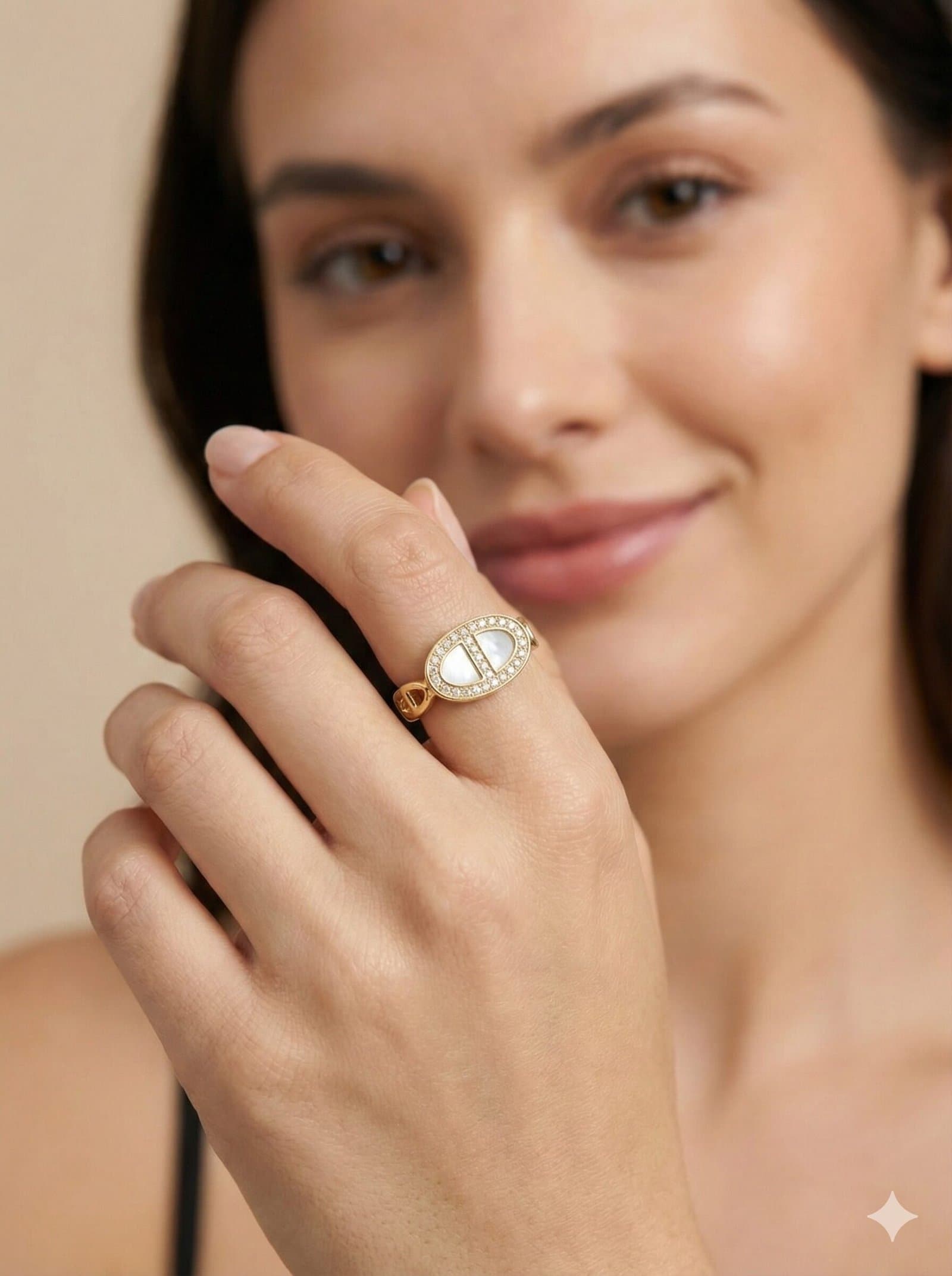 Gold-Tone Marine Link Ring with Oval Pave Halo and Pearlescent Inlay — image 4