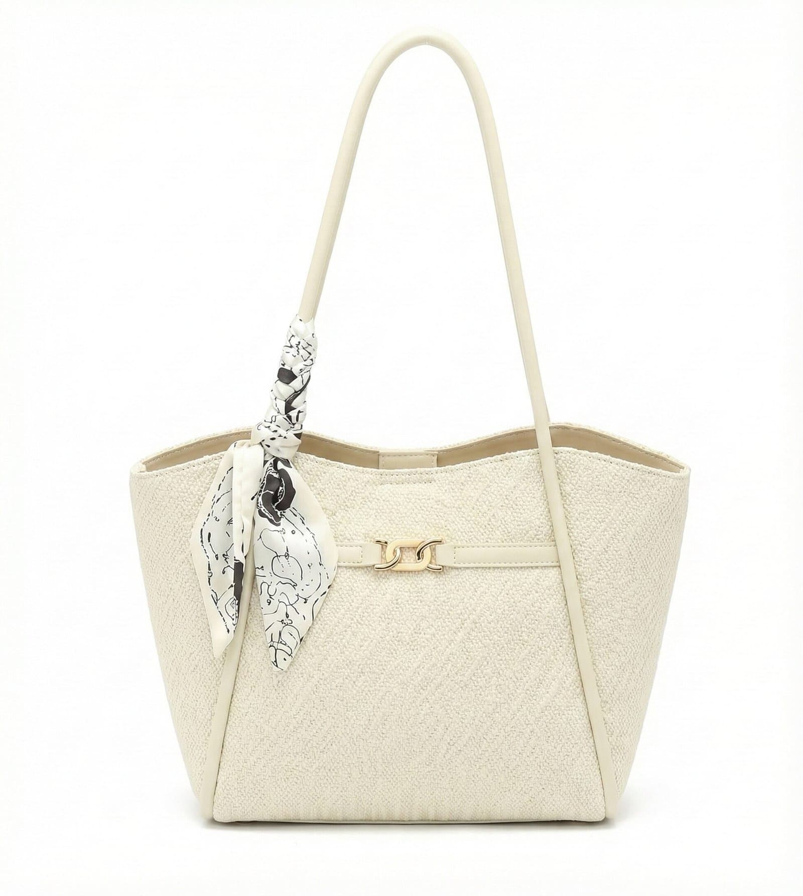 Midnight Woven Texture Tote with Leopard Scarf Accent Cream