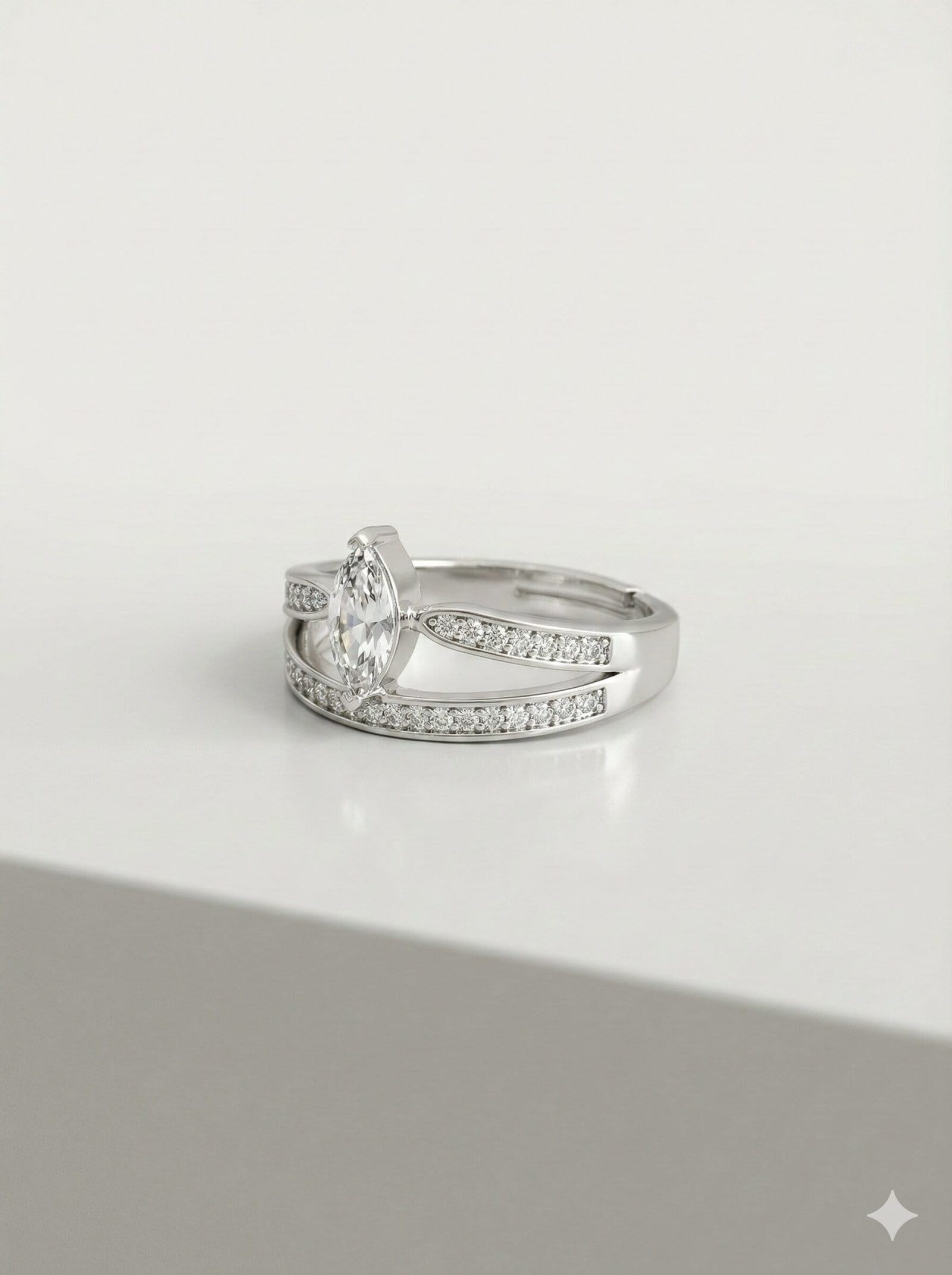 Silver-Tone Marquise Cut Split Shank Ring with Pavé Accents