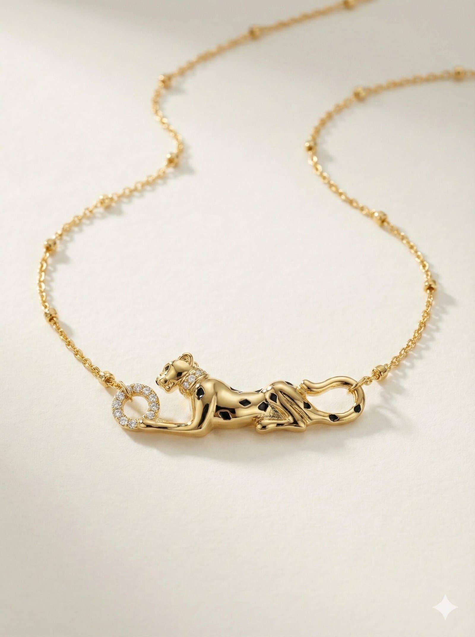 Gold-Tone Sculpted Panther Pendant Necklace with Crystal Accents and Beaded Chain — image 1