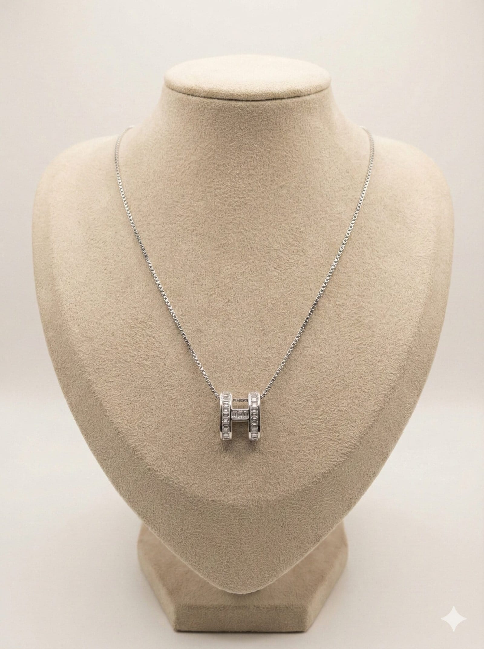 Silver-Tone Geometric H Pendant Necklace with Baguette-Cut Clear Stones
