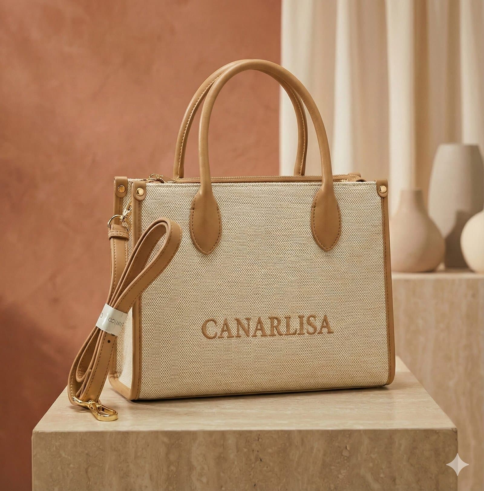 Canarlisa Structured Canvas Tote Bag – Cream & Tan — image 1