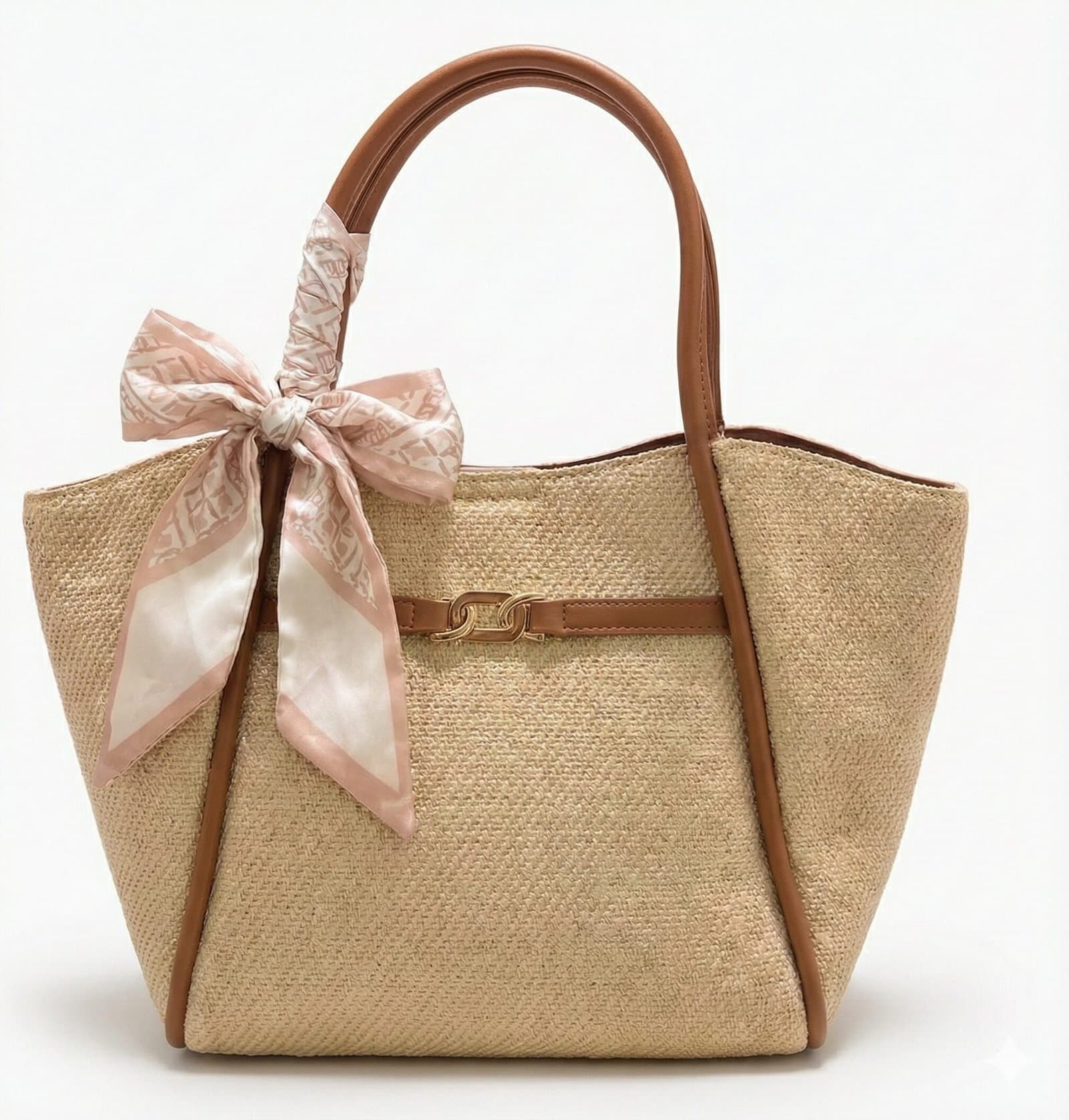 Midnight Woven Texture Tote with Leopard Scarf Accent Natural Beige — image 1