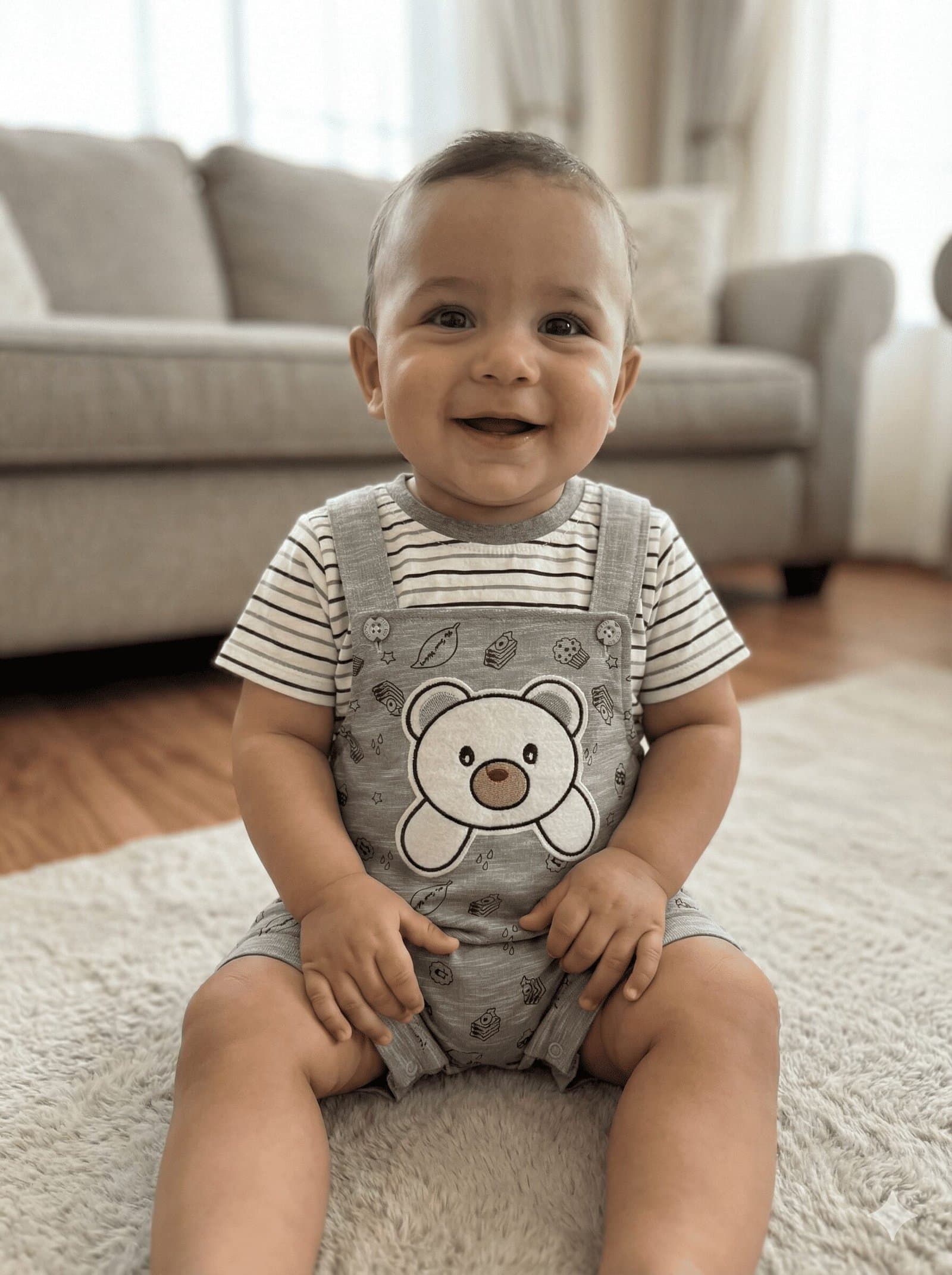 SPICE KIDS BABY Grey Doodle Bear Shortalls & Striped Tee