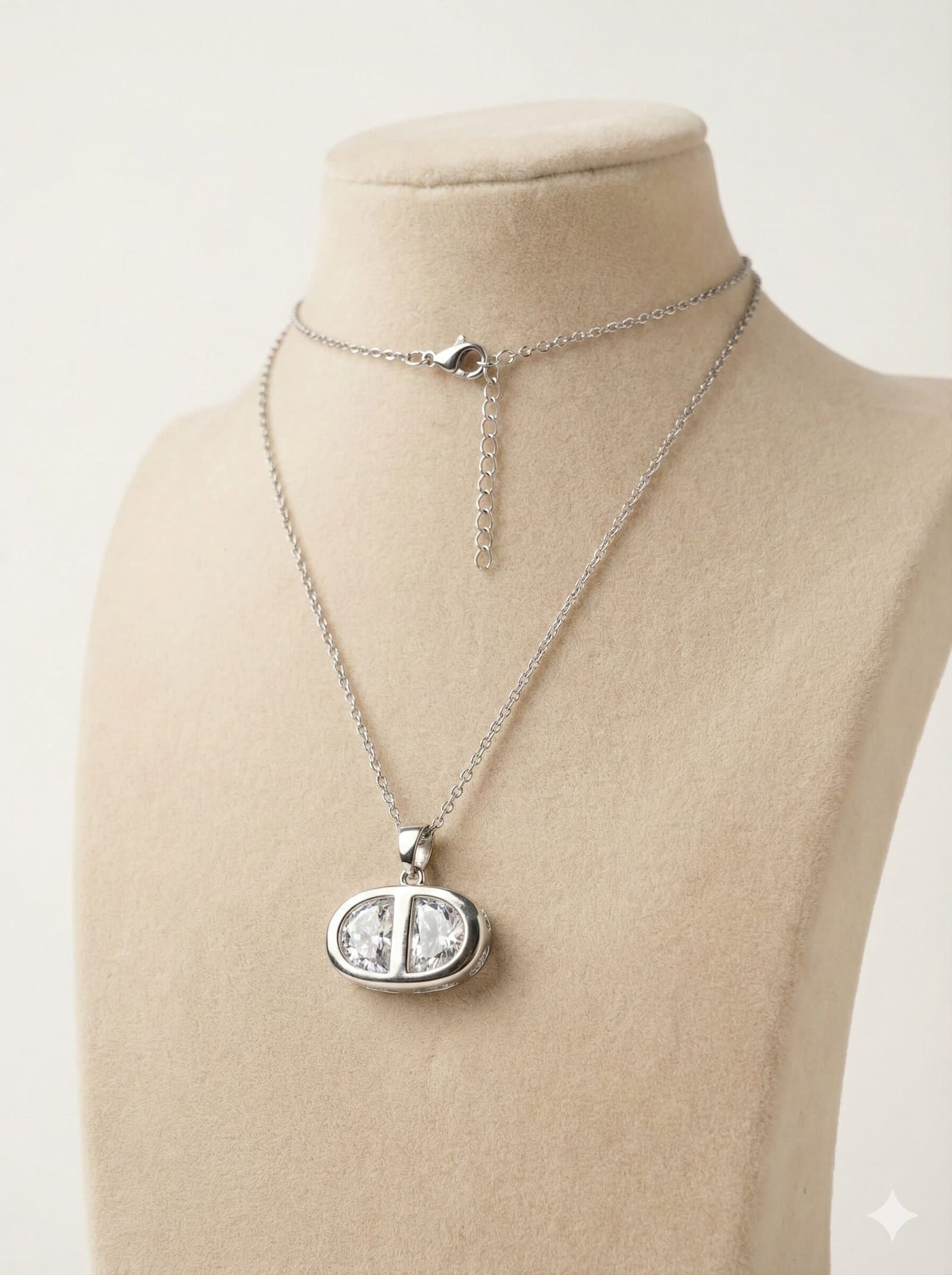 Silver-Tone Split Oval Pendant Necklace with Faceted Clear Stones — image 1