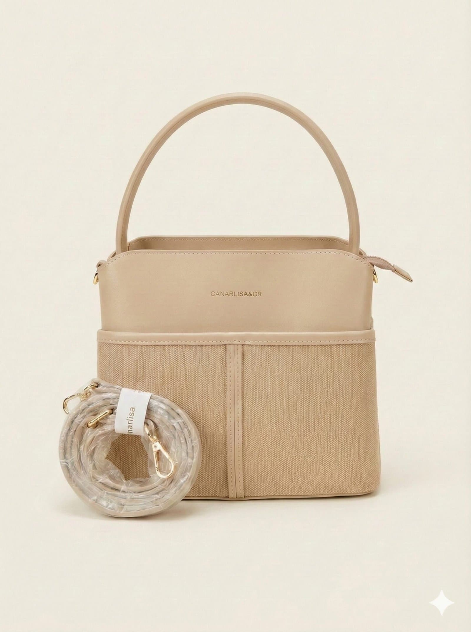 The Two-Tone Canvas & Leatherette Satchel – Sand Beige