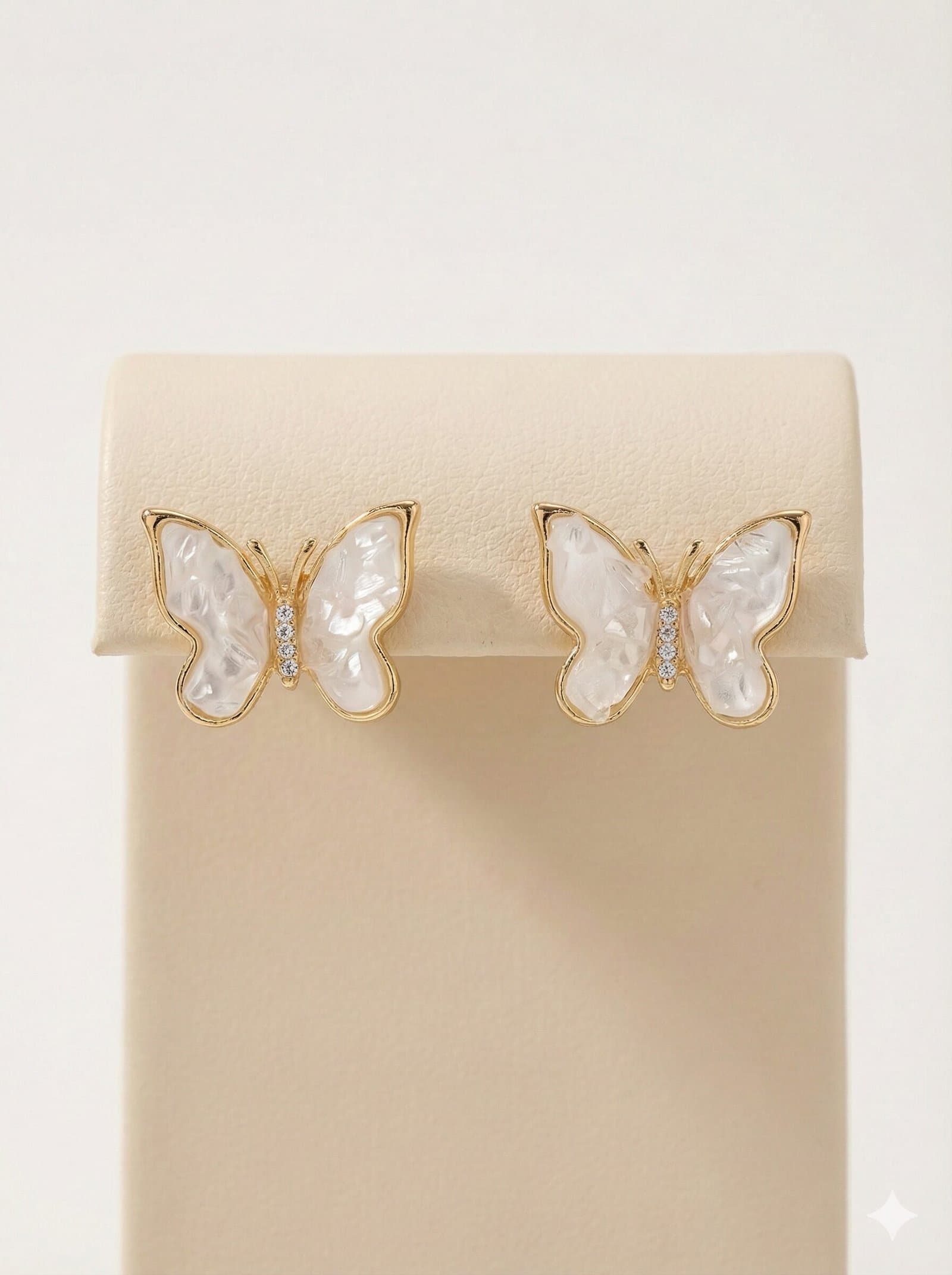 Gold-Tone Butterfly Jewelry Set with White Pearlescent Wings and Crystal Accents – Necklace and Earrings — image 4