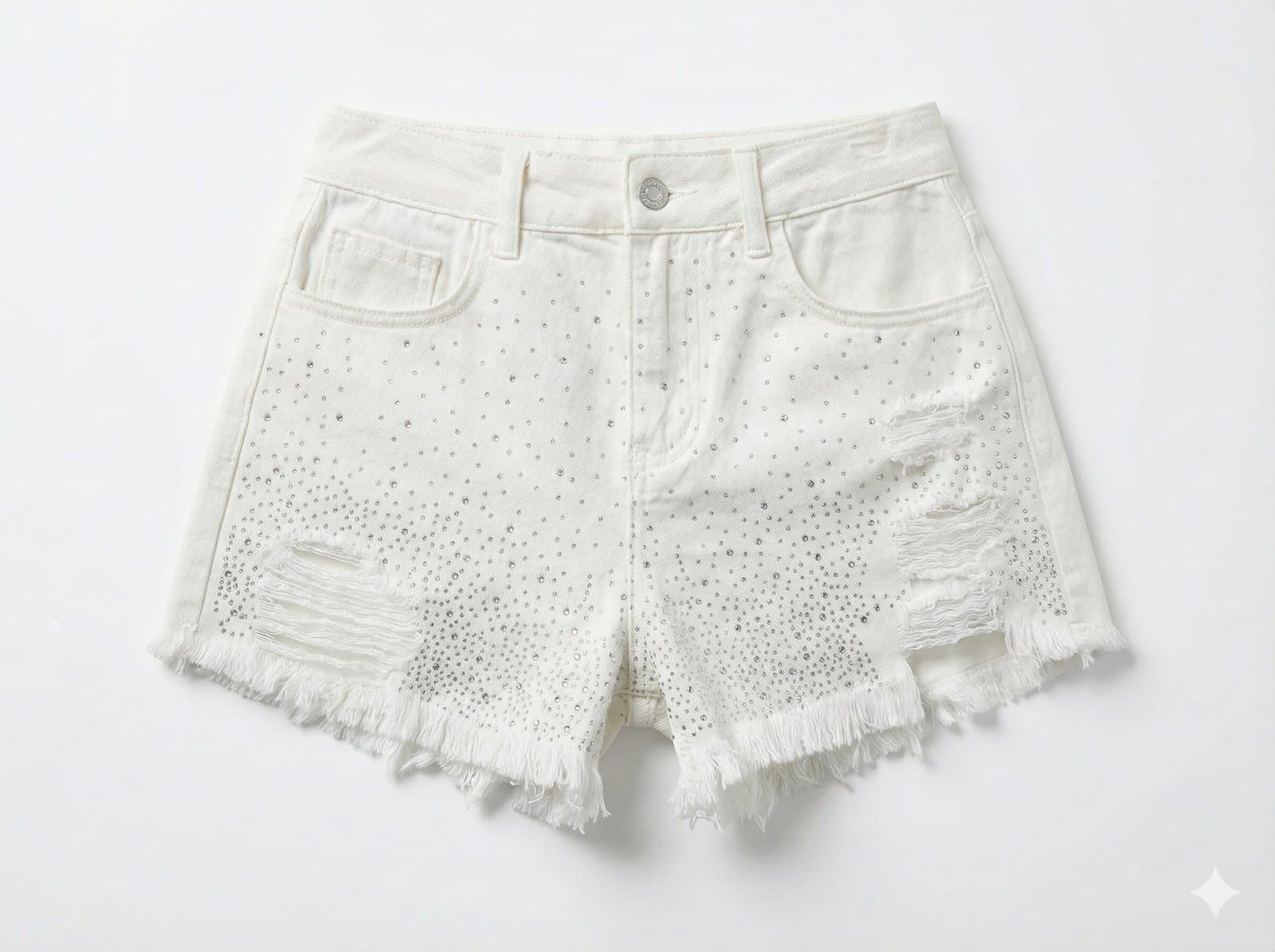 High-Rise Crystal Studded Distressed White Denim Shorts — image 5