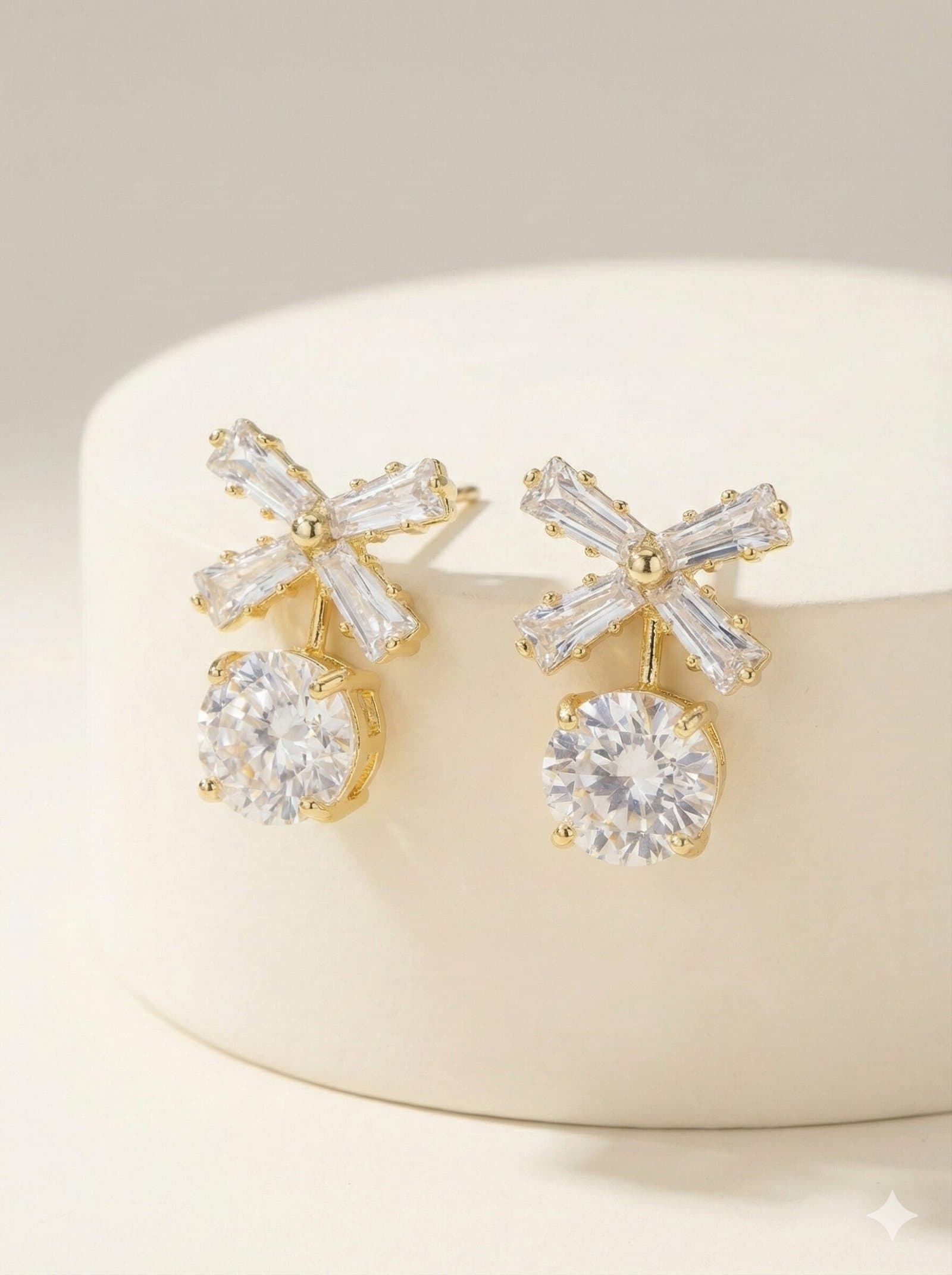 Gold-Tone Crystal Bow & Round Solitaire Drop Stud Earrings — image 1