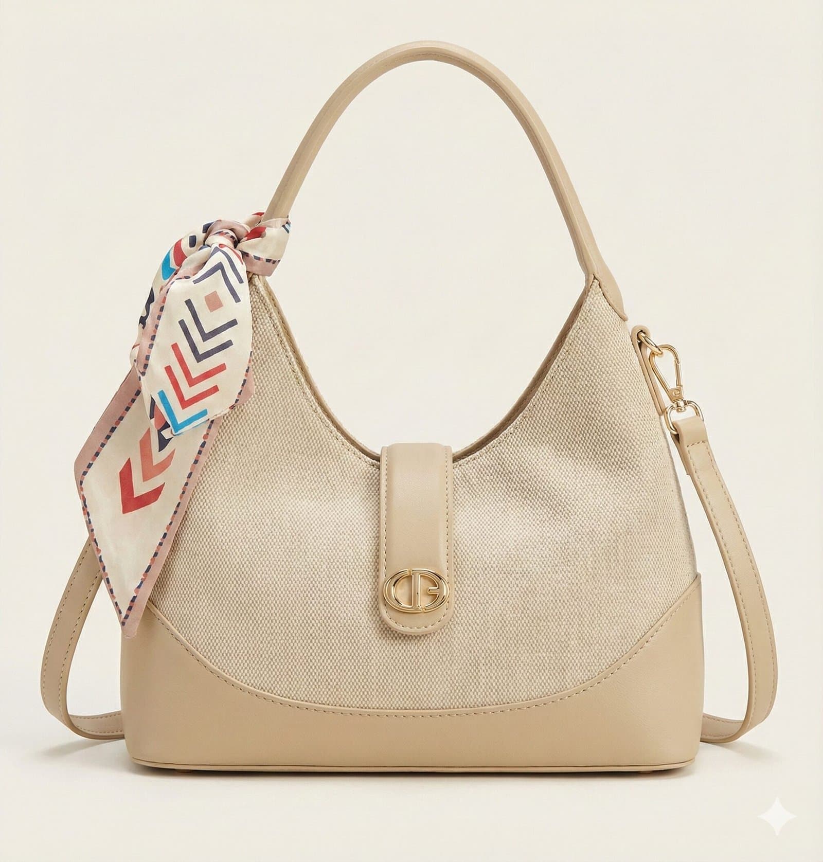 The Scarf-Accented Textured Hobo – Cream & Light Beige