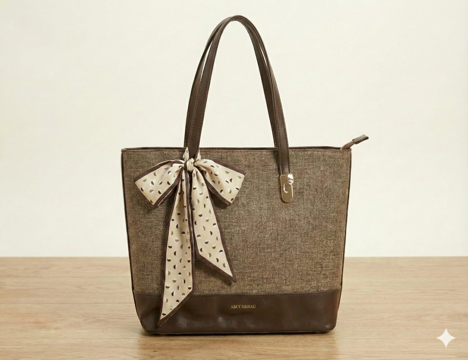 The Scarf-Accented Woven Tote – Coffee Brown