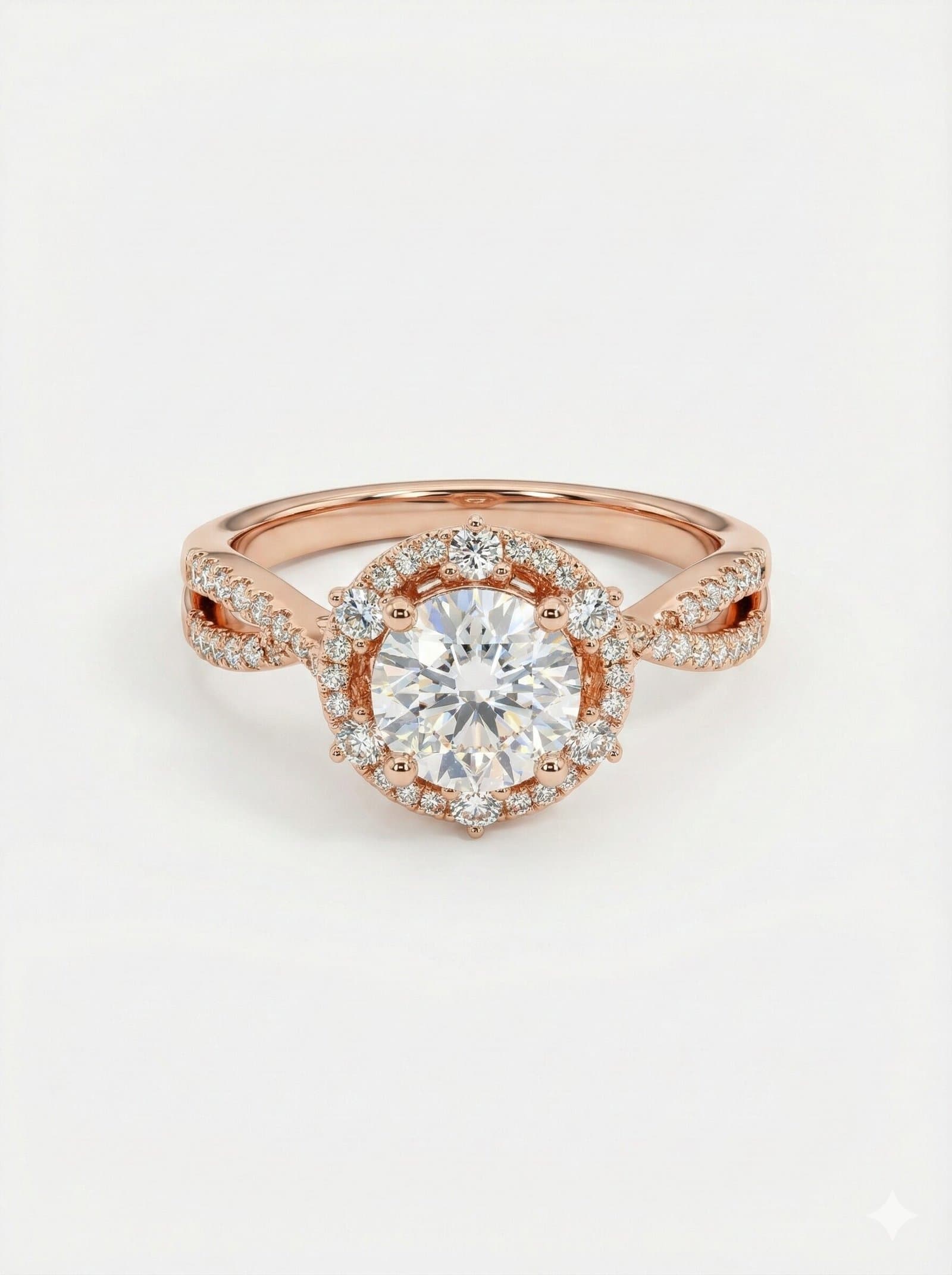 Rose Gold Tone Round Halo Ring with Twisted Split Shank and Pave Accents