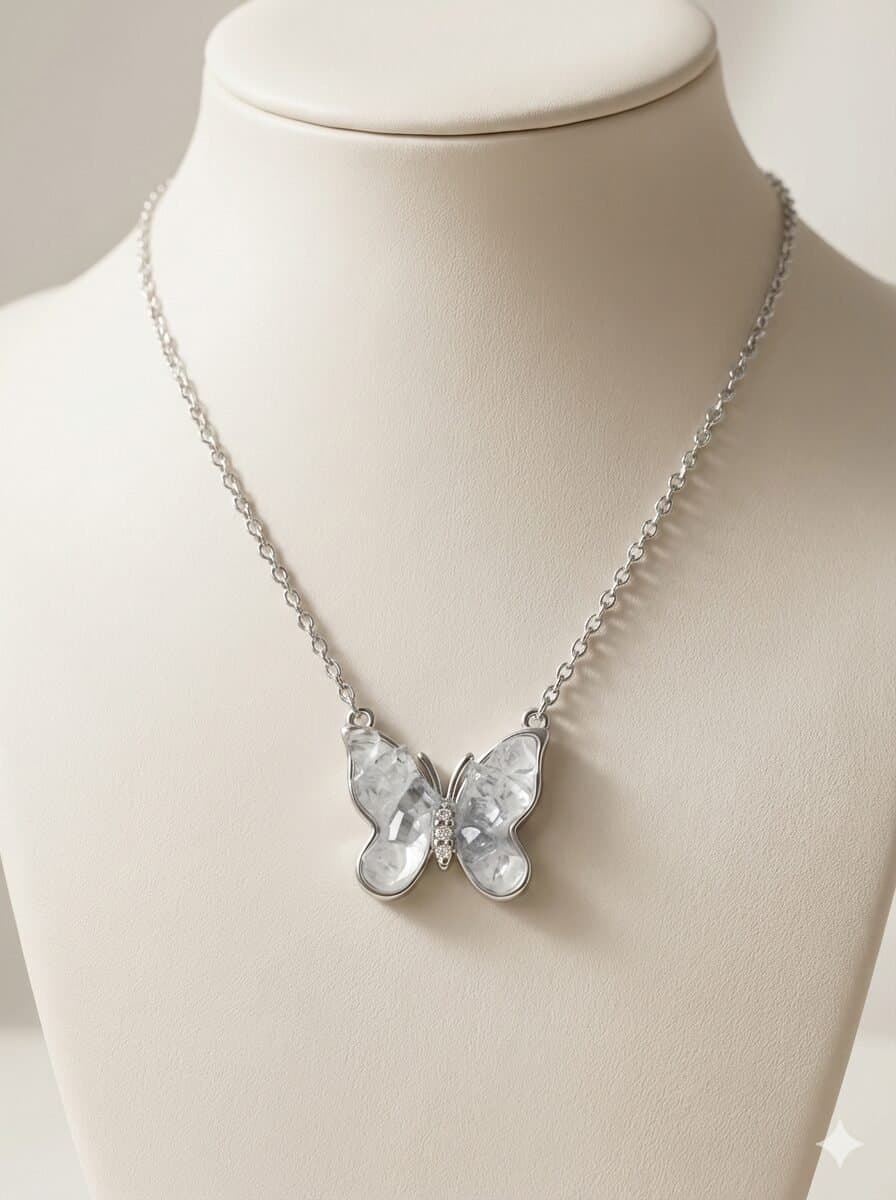 Silver-Tone Butterfly Jewelry Set with Crushed White Inlay and Crystal Accents – Necklace & Stud Earrings — image 2