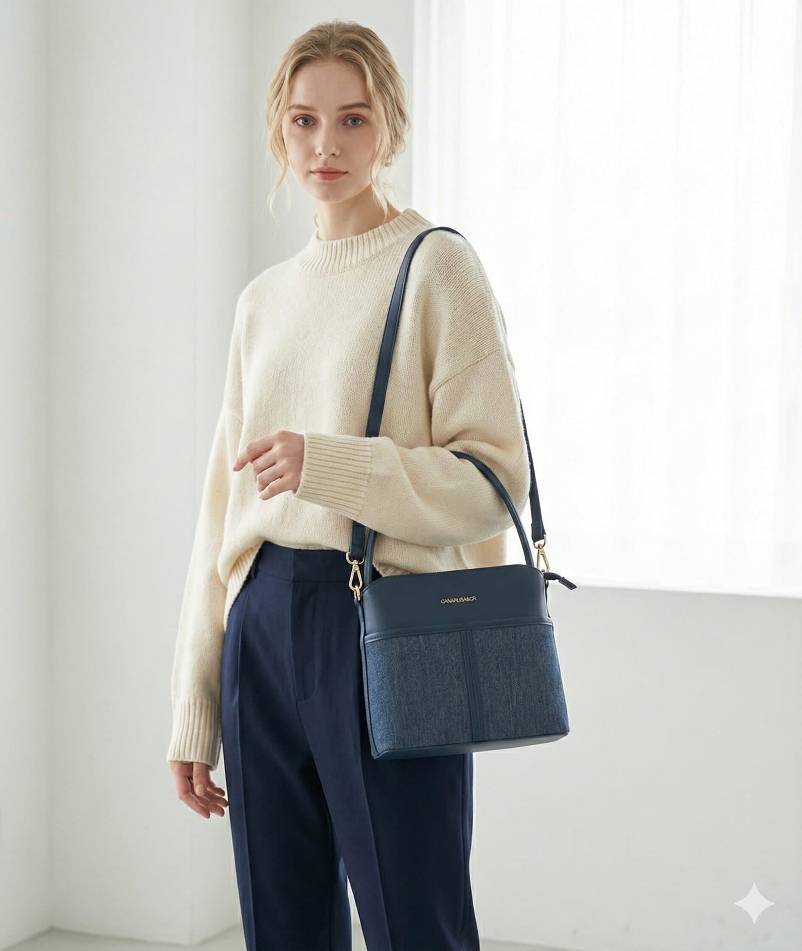 The Two-Tone Textured Satchel – Navy Blue — image 3
