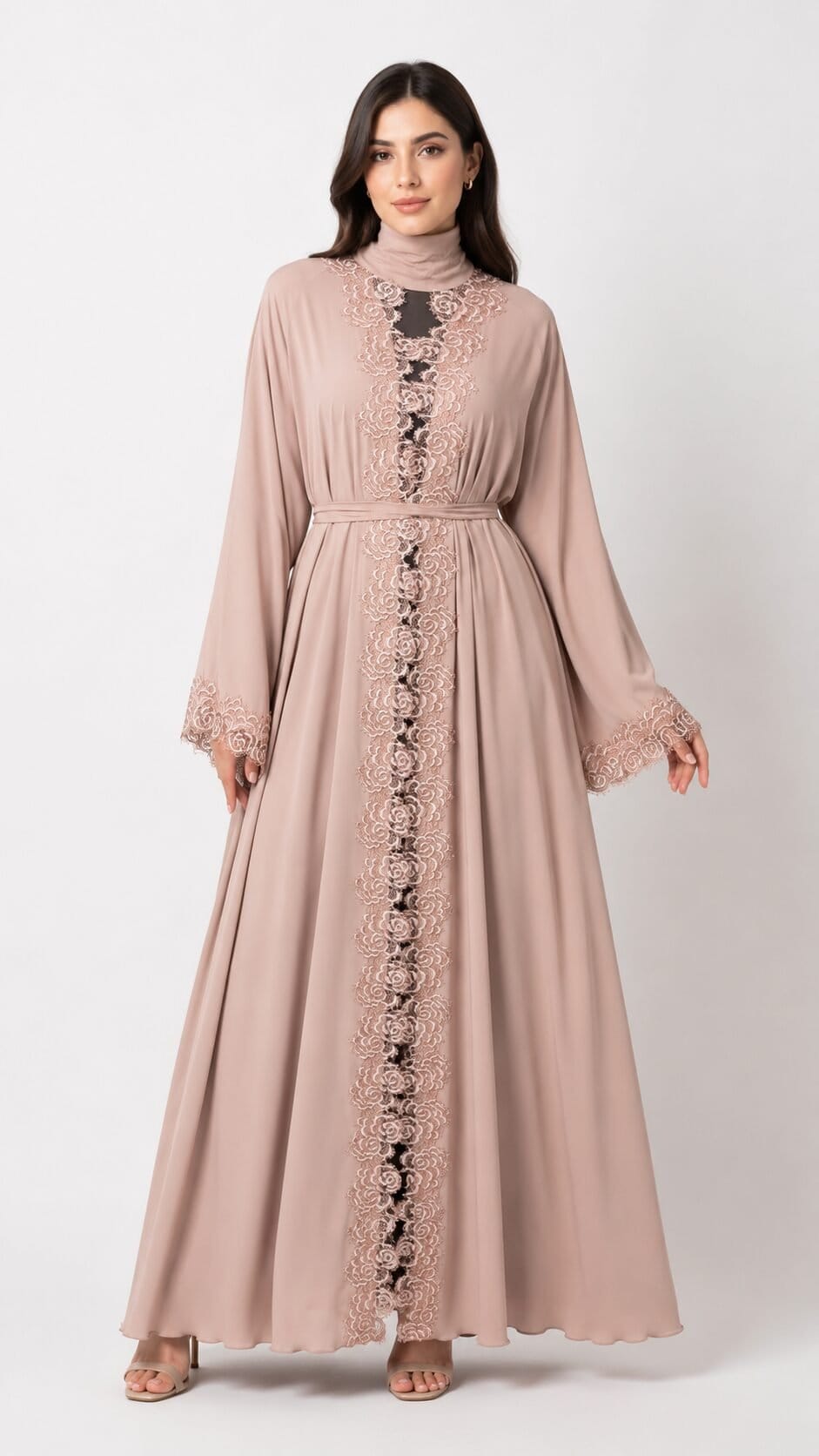 Nusrath Fuka Lace Detail Abaya – Blush Beige