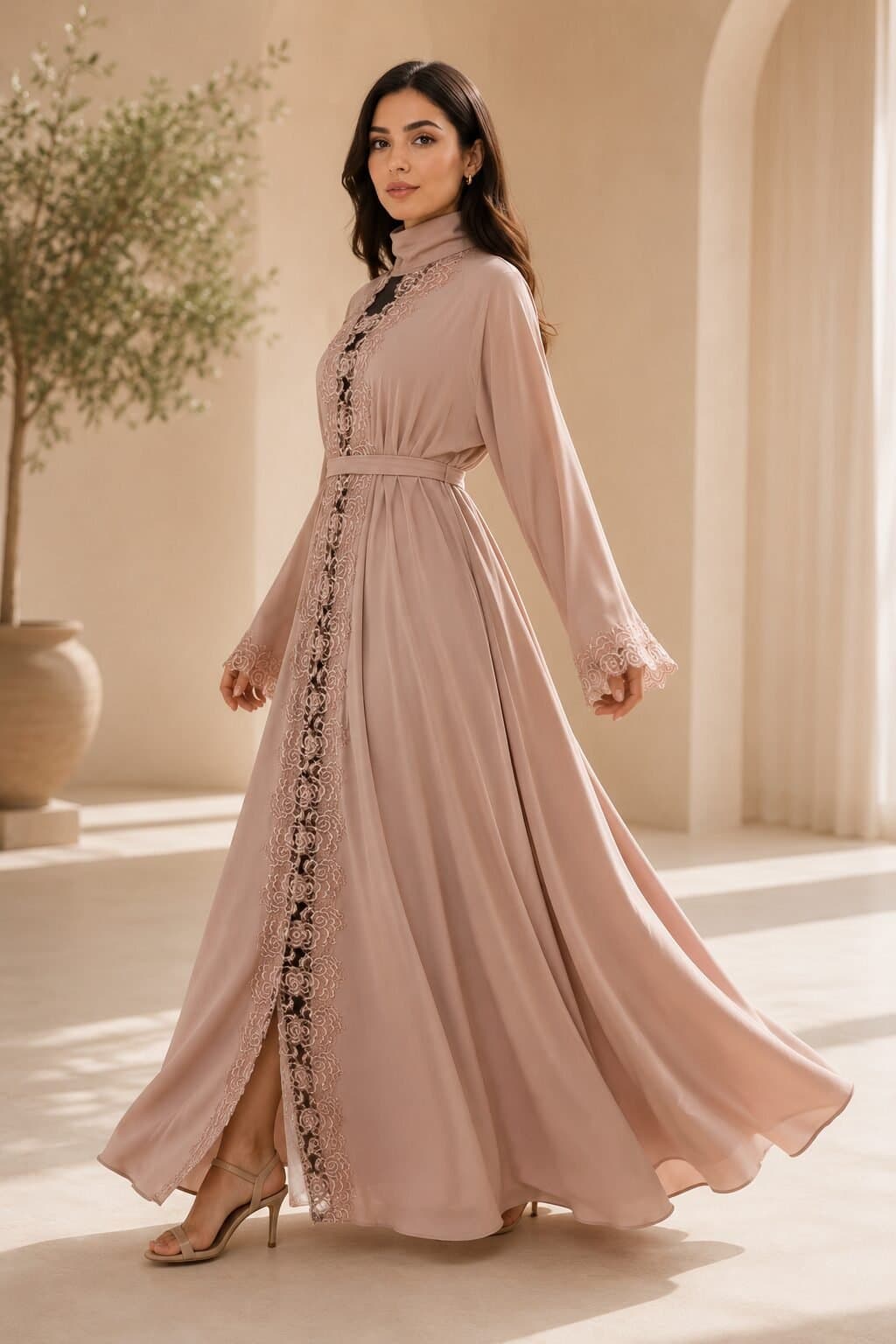Nusrath Fuka Lace Detail Abaya – Blush Beige — image 5