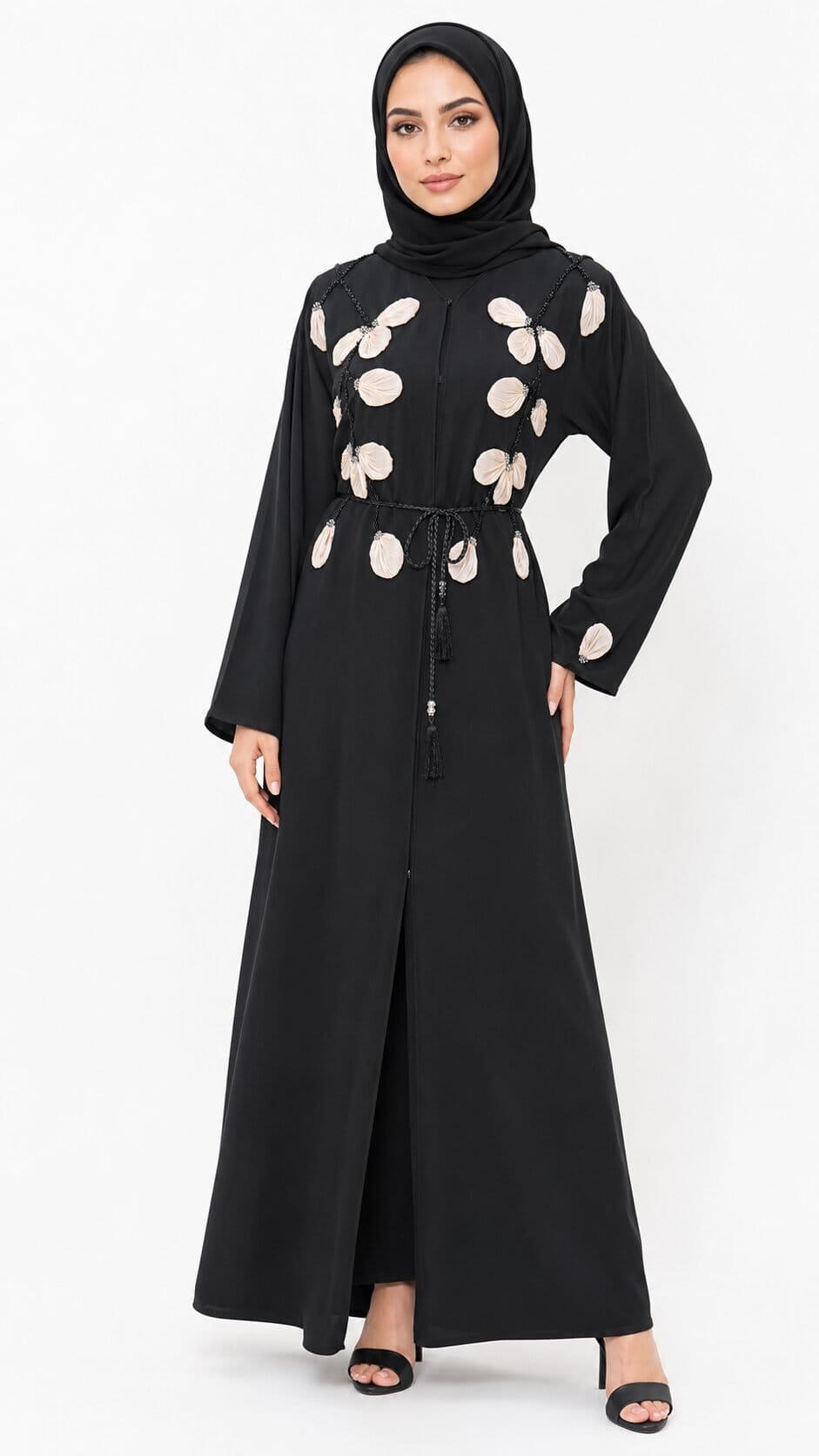 Nida Fabric Floral Embellished Open Abaya – Classic Black