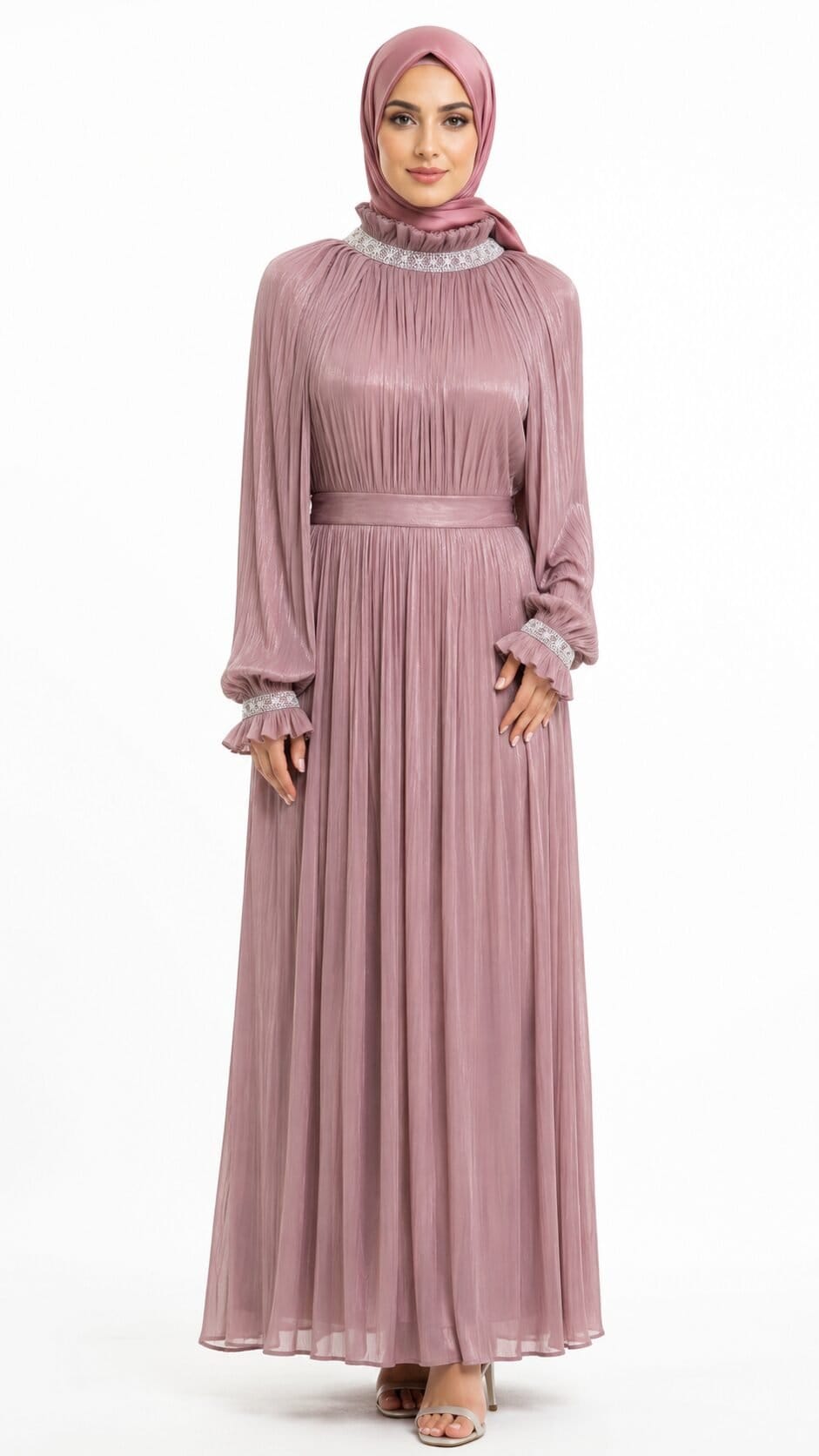 Elegant Organza Pleated Maxi Dress – Dusty Rose