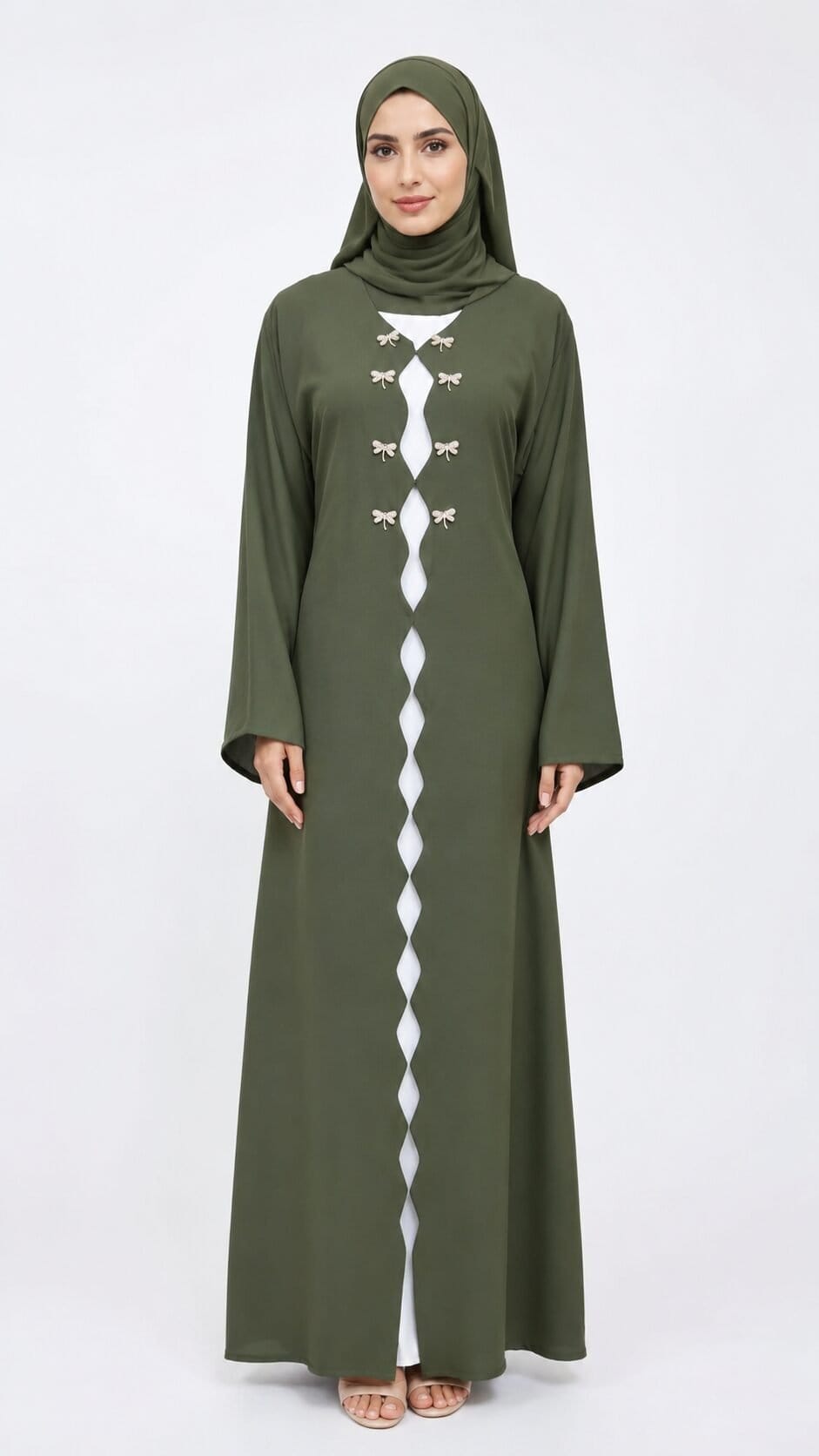 Barby Fabric Modest Abaya with Contrast Inner – Olive Green