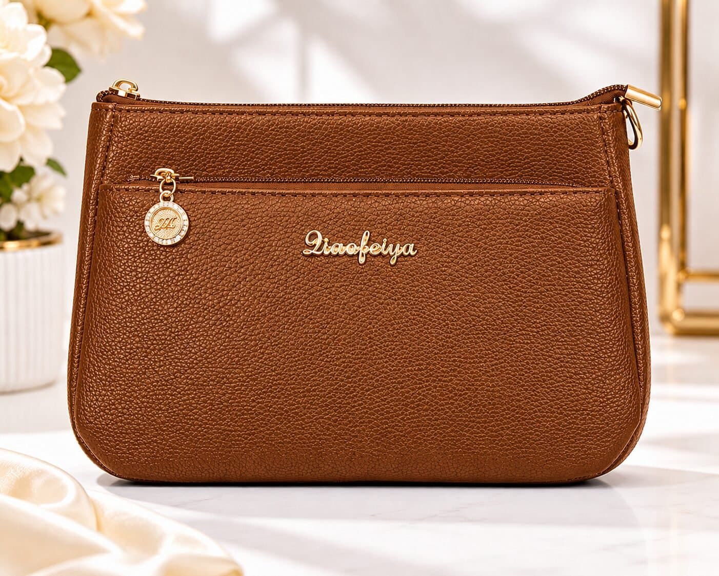 LuxeCharm Classic Cosmetic Pouch – Coffee Brown