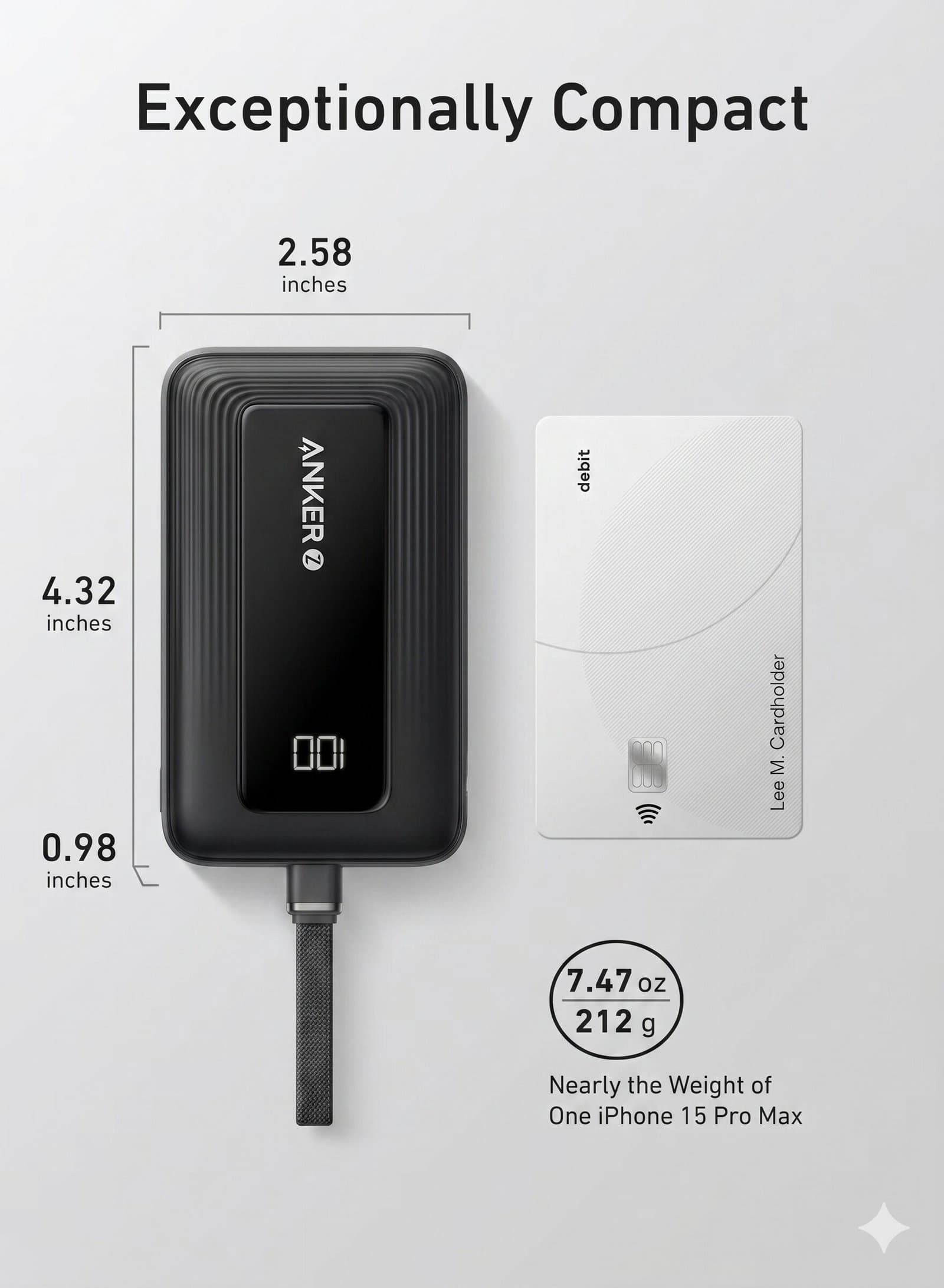 Anker Zolo Power Bank, 10,000mAh 30W High-Speed Portable Charger with Built-In USB-C Cable