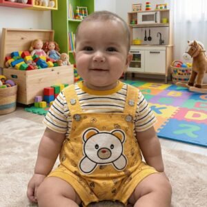 spice kids baby yellow bear shortalls & striped tee set