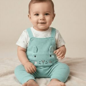 mint green knitted dungaree set with bunny embroidery and printed tee